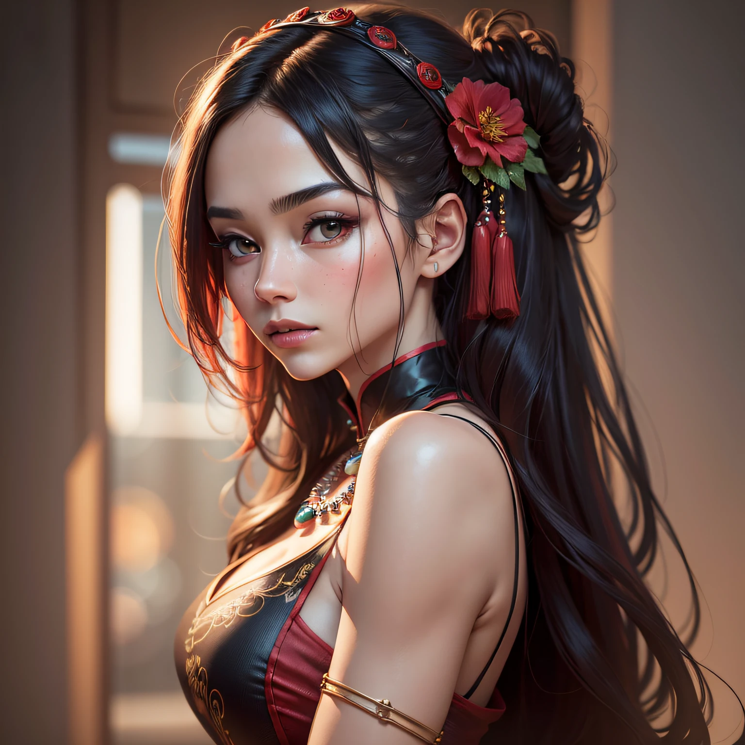 best quality, masterpiece, red and black cloths fully covered, high resolution, 1girl,chinese dress,hair ornament,necklace,jewelry,beautiful face,upon_body, tyndall effect,photorealistic, dark studio, rim lighting, two tone lighting, (highly detailed skin: 1.2), 8k uhd, dslr, soft lighting, high quality, volumetric lighting, sincere, photography, high resolution, 4k, 8k, --auto --s2