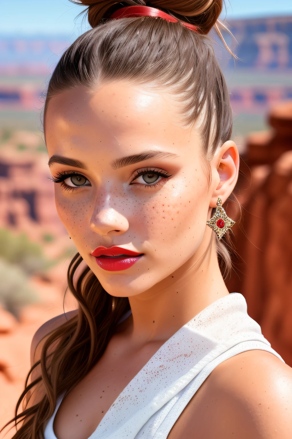 portrait photo of JoSkriver beautiful woman hair , double bun, freckles, moles, skin textures,  hiking trail in moab, full red lips, (masterpiece) (best quality) (detailed) (8k) (HDR) (wallpaper) (cinematic lighting) (sharp focus) (intricate)