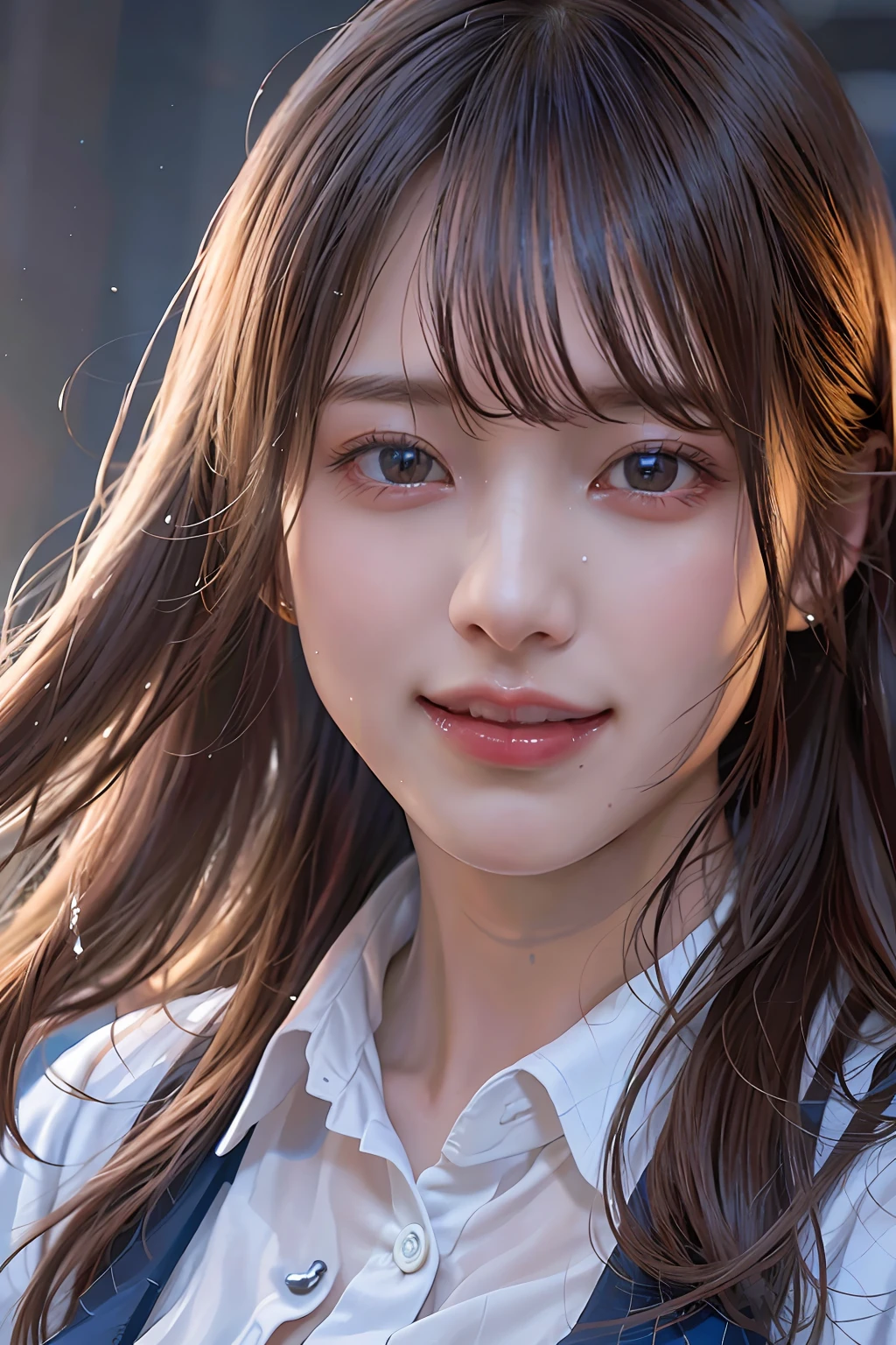 (8K), (Best Quality: 1.2), (Realistic), (Photorealistic: 1.37), Ultra High Definition, 1 Girl, Cute, Smile, Closed Mouth, Beautiful Details, Beautiful Nose, Full Body, Wet Hair, Colossal Darcefo, Pork, School Uniform, Thighs, Erotic, Teardrop Mole