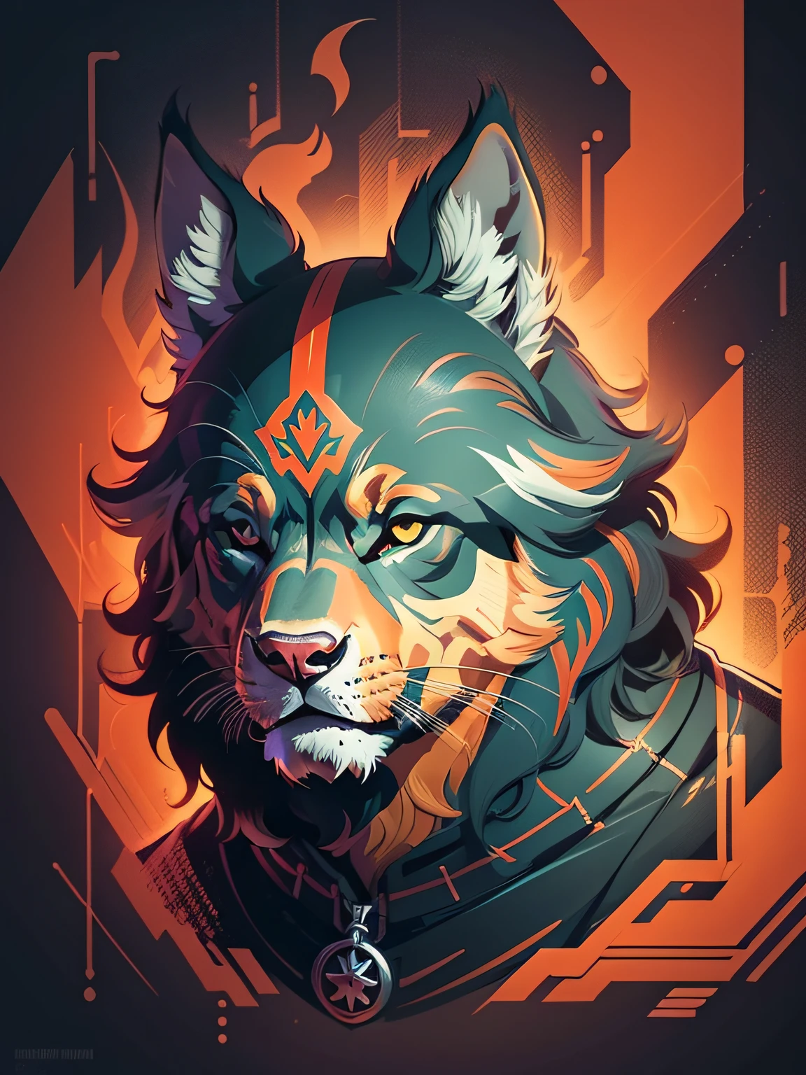[Brown Dog] Heraldic silhouette, logo masking style illustration, by dan mumford, by greg rutkowski, by james jean, black background, fantasy art, mysterious, hyperrealistic, majestic, rich vibrant colors, high contrast, seamless watermark, artstation, deviantart, dribble, redbubble, teepublic, sharp, simple, hyper-detailed, detailed drawing, vectorize, outline, isometric style, 8k."