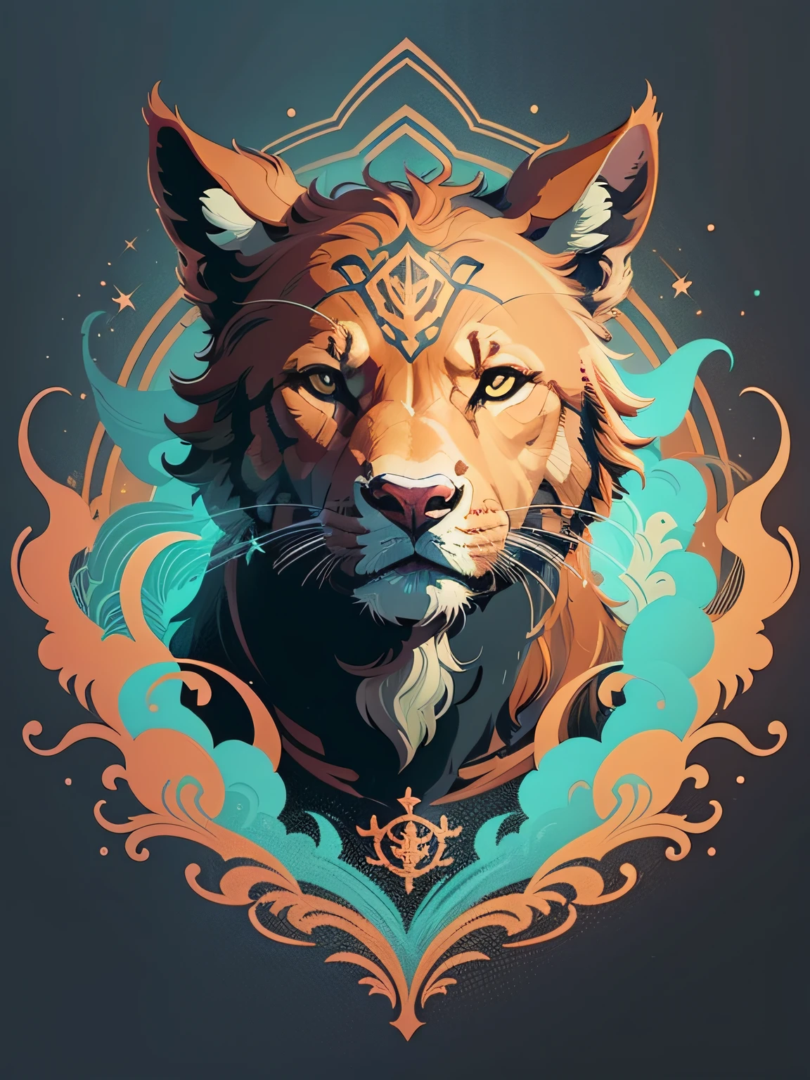 [Brown Dog] Heraldic silhouette, logo masking style illustration, by dan mumford, by greg rutkowski, by james jean, black background, fantasy art, mysterious, hyperrealistic, majestic, rich vibrant colors, high contrast, seamless watermark, artstation, deviantart, dribble, redbubble, teepublic, sharp, simple, hyper-detailed, detailed drawing, vectorize, outline, isometric style, 8k."