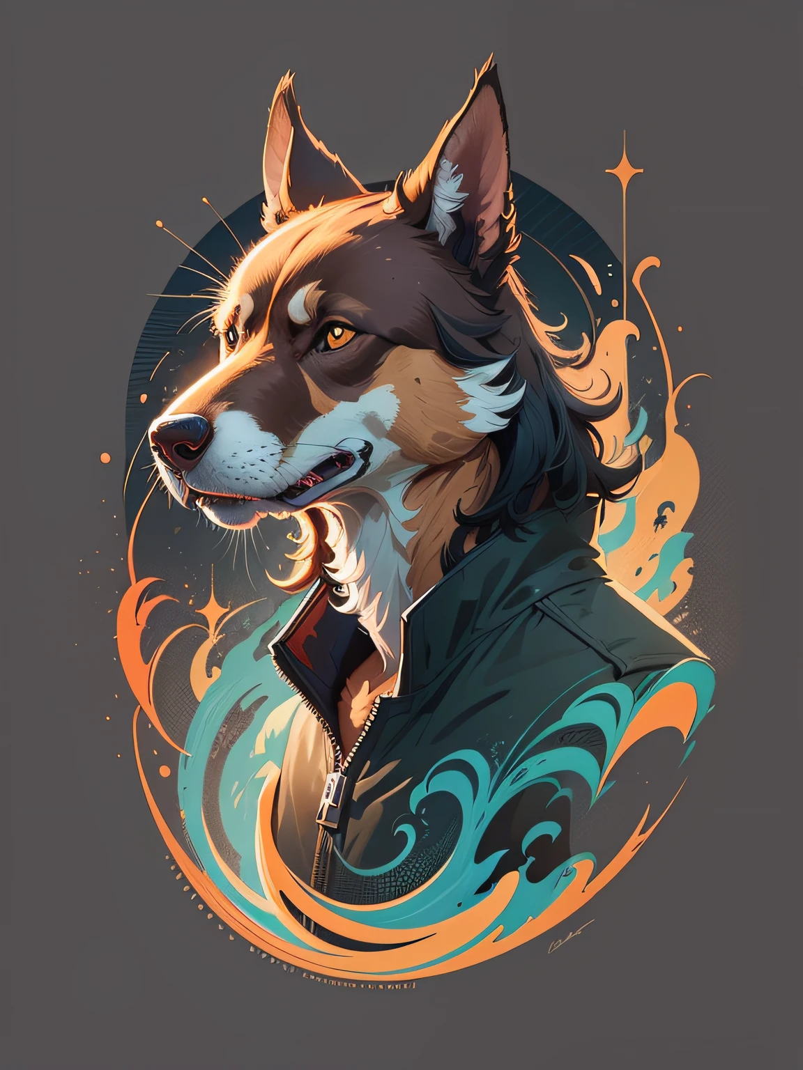 [brown dog] Heraldic silhouette, logo masking style illustration, by dan mumford, by greg rutkowski, by james jean, black background, fantasy art, mysterious, realistic, majestic, rich vibrant colors, high contrast, seamless water brand, artstation, deviantart, dribble, redbubble, teepublic, sharp focus, simple, hyper detailed, detailed drawing, vectorize, outline, isometric style, 8k."