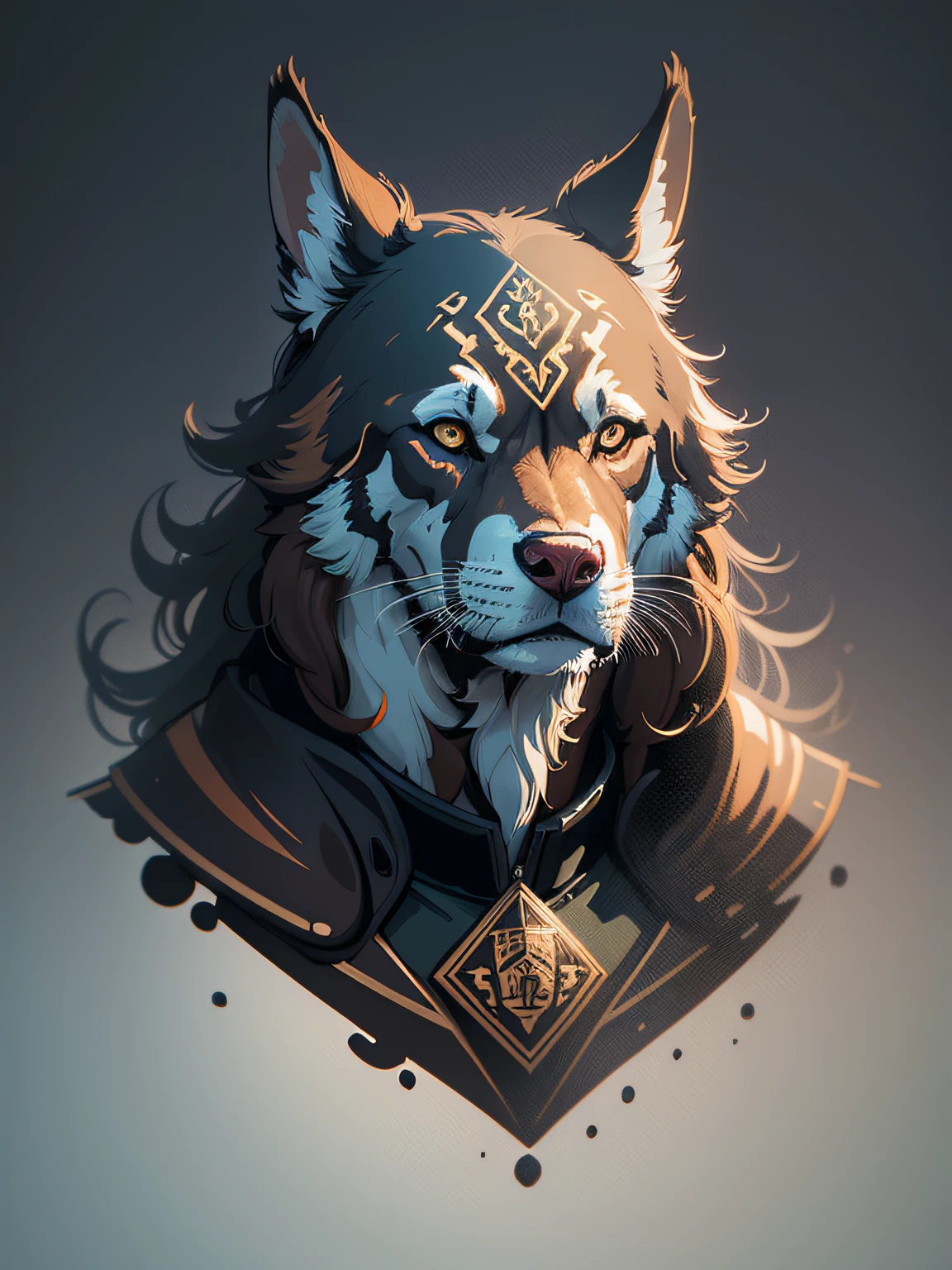 [brown dog] Heraldic silhouette, logo masking style illustration, by dan mumford, by greg rutkowski, by james jean, black background, fantasy art, mysterious, realistic, majestic, rich vibrant colors, high contrast, seamless water brand, artstation, deviantart, dribble, redbubble, teepublic, sharp focus, simple, hyper detailed, detailed drawing, vectorize, outline, isometric style, 8k."