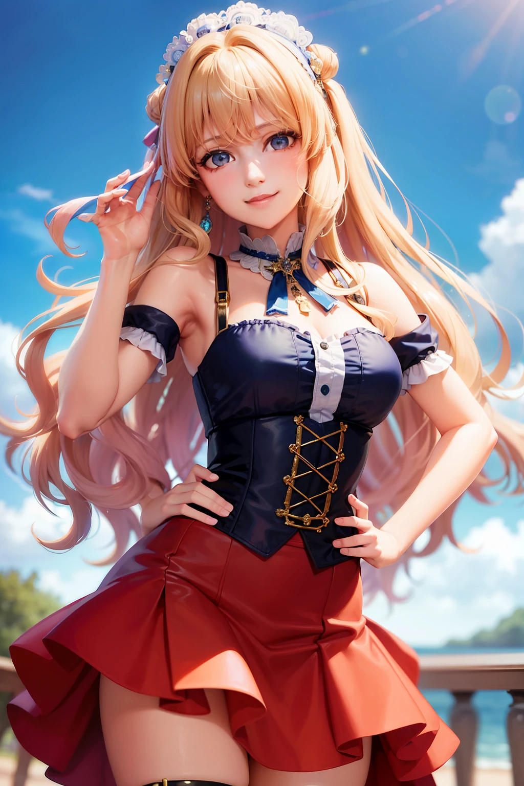 (masterpiece, best quality:1.2), cowboy shot, solo, 1girl, sheryl nome, smile, closed mouth, looking at viewer, hand on hip, dress
