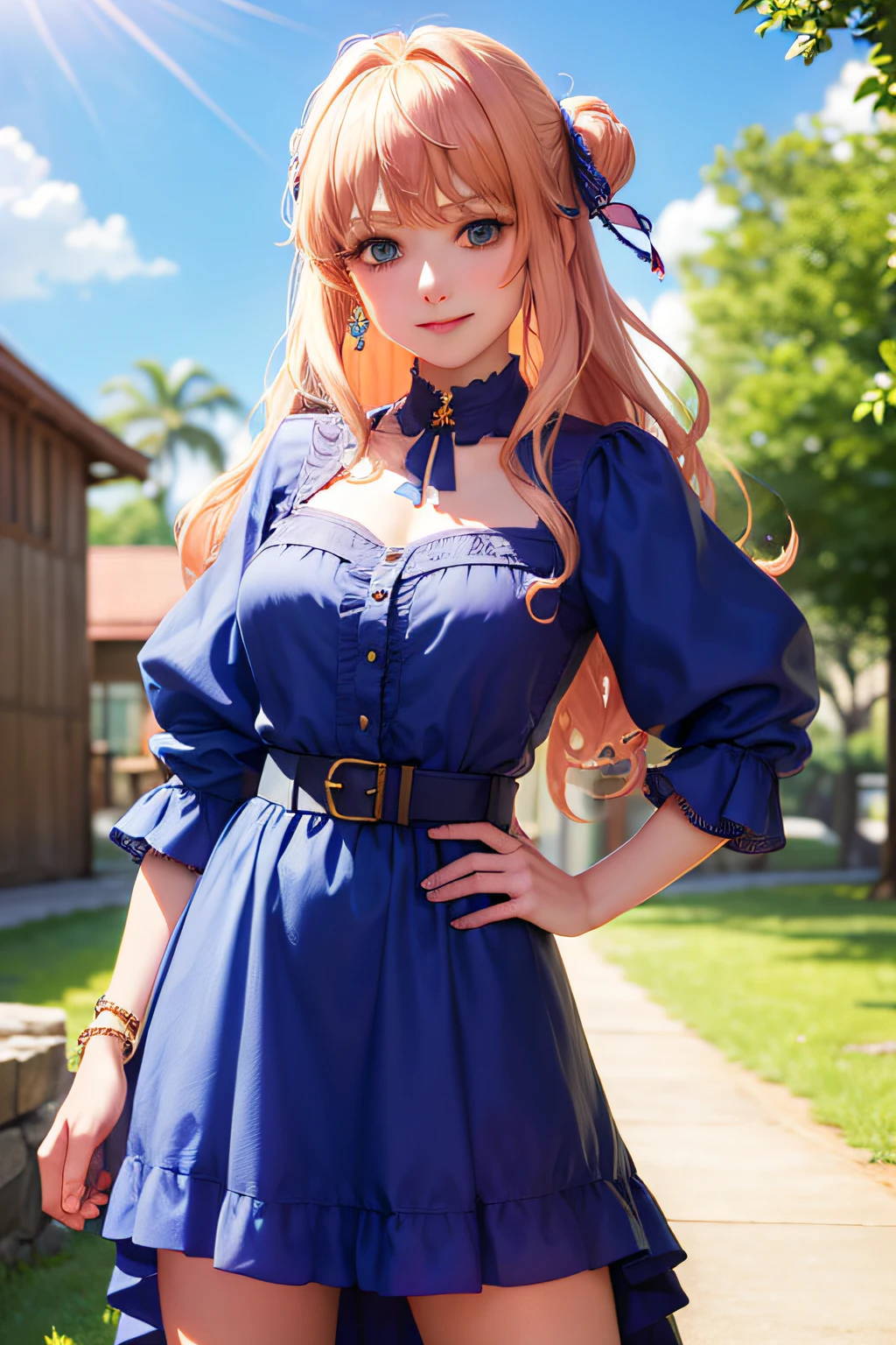(masterpiece, best quality:1.2), cowboy shot, solo, 1girl, sheryl nome, smile, closed mouth, looking at viewer, hand on hip, dress