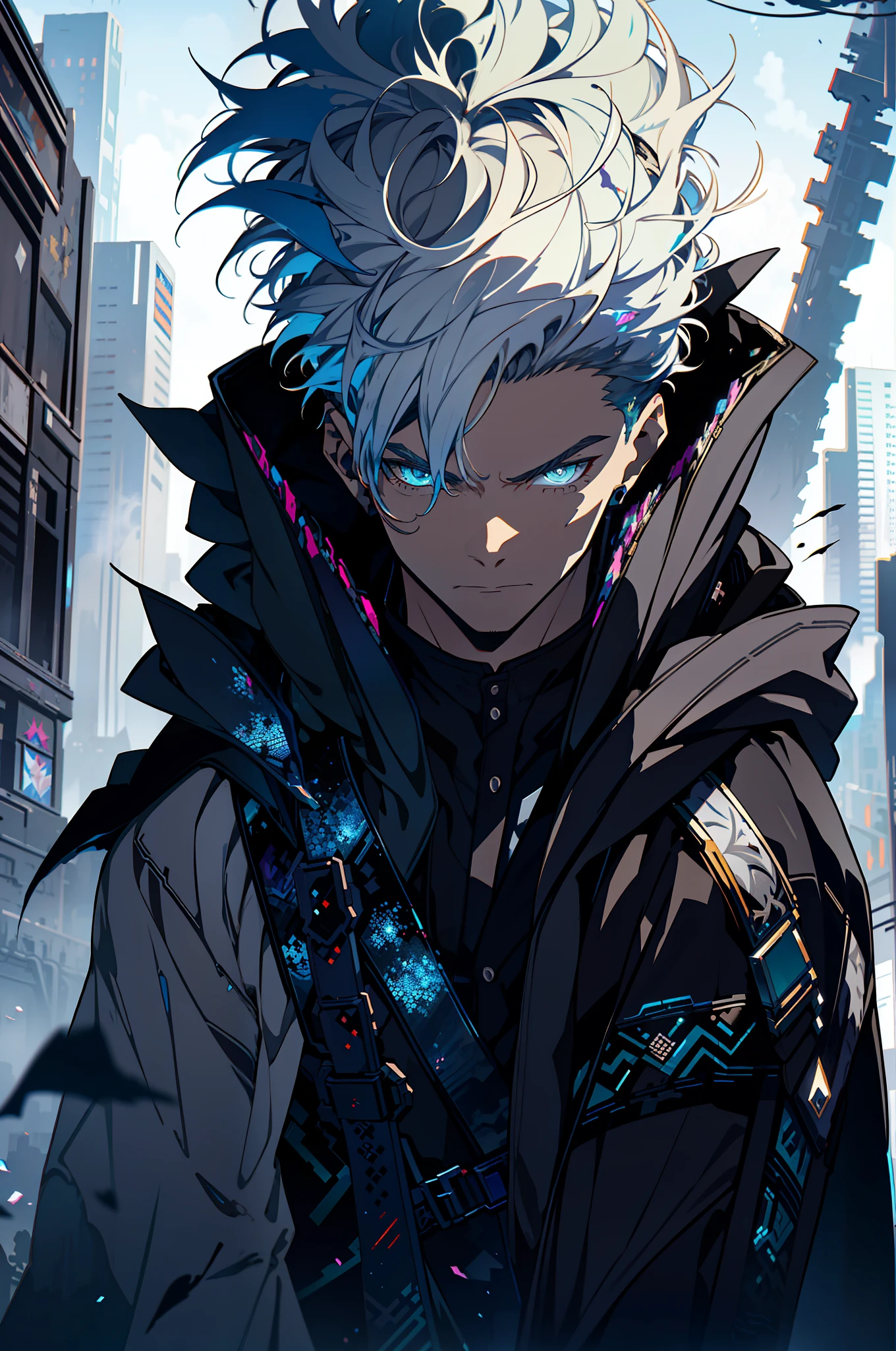 Cyberpunk male, fantasy world, dark background, clean design, epic instagram, artstation, colorful paint splatter, silhouette, hyper detailed intricate details, unreal engine, fantasy, intricate details, splash screen, complementary colors, Fantasy concept art, 8k resolution, deviantart masterpiece, oil painting, heavy strokes, paint dripping, (isolated on white background: 1.3), rainbow skin, (((handsome young man))), ((age:1.5) ), (glowing blue eyes), ((light eyes)), ((((short white hair: 1.1))), ((black clothes)), (prince\\(indifferent expression\\),, ( ((Wears high detail luxurious black robe))), white hair, frost magic, ((chest) --v 6