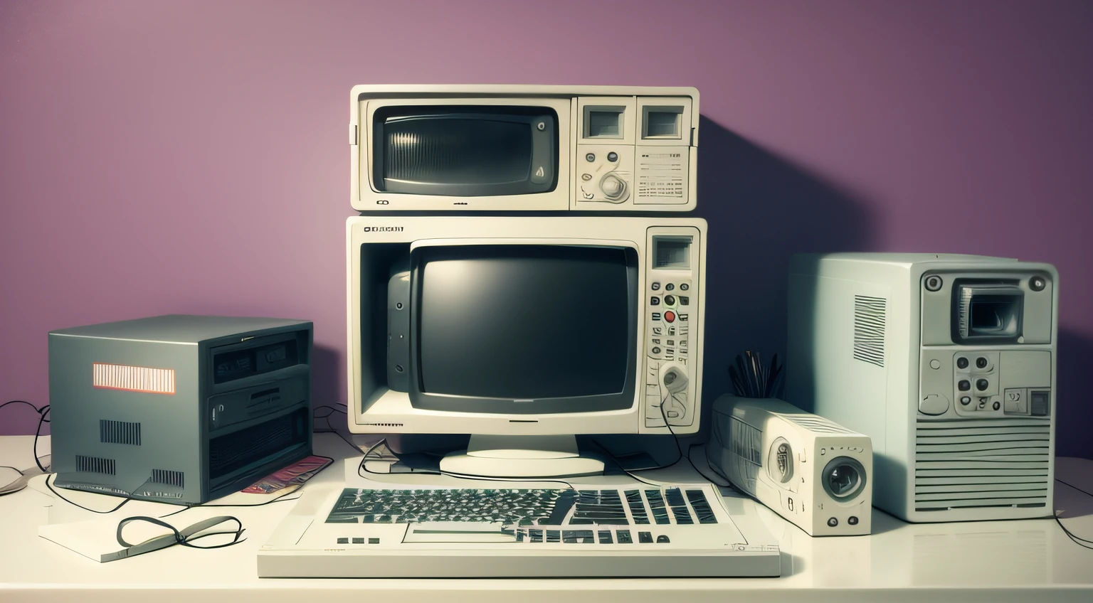 film still, man video editor in switer, 2000s sitcom style, computers, unpainted, sophisticated, symbolic