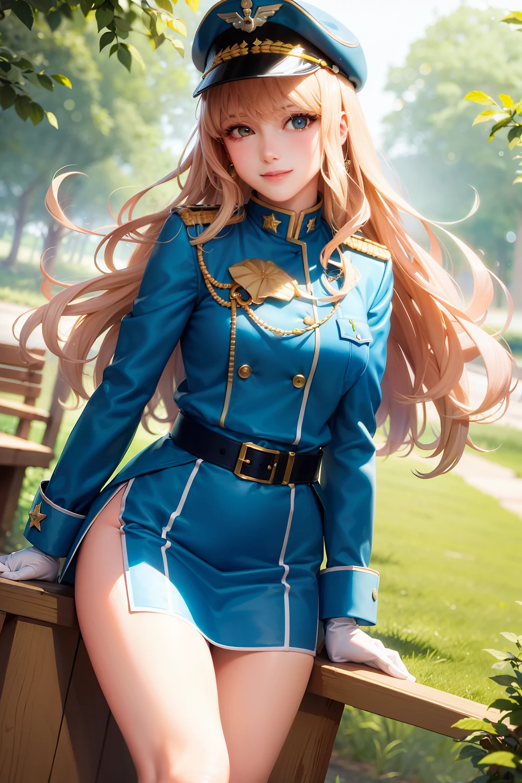 (masterpiece, best quality:1.2), cowboy shot, solo, 1girl, sheryl nome, smile, closed mouth, looking at viewer, peaked cap, military uniform, long sleeves, gloves