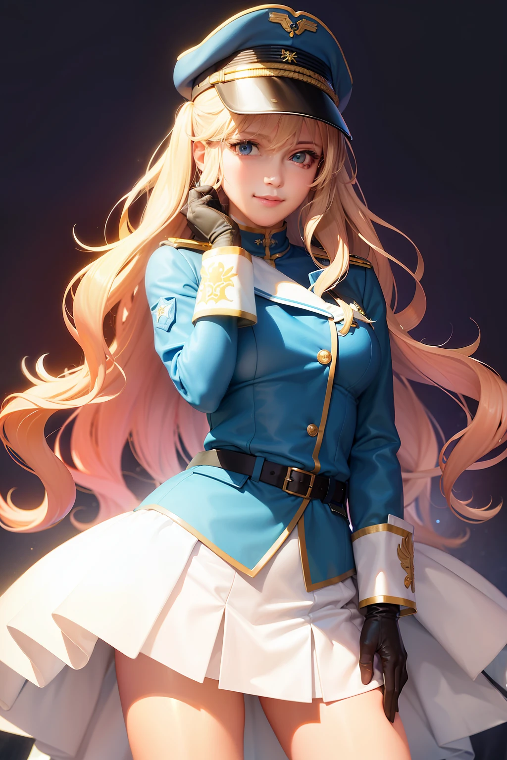 (masterpiece, best quality:1.2), cowboy shot, solo, 1girl, sheryl nome, smile, closed mouth, looking at viewer, peaked cap, military uniform, long sleeves, gloves