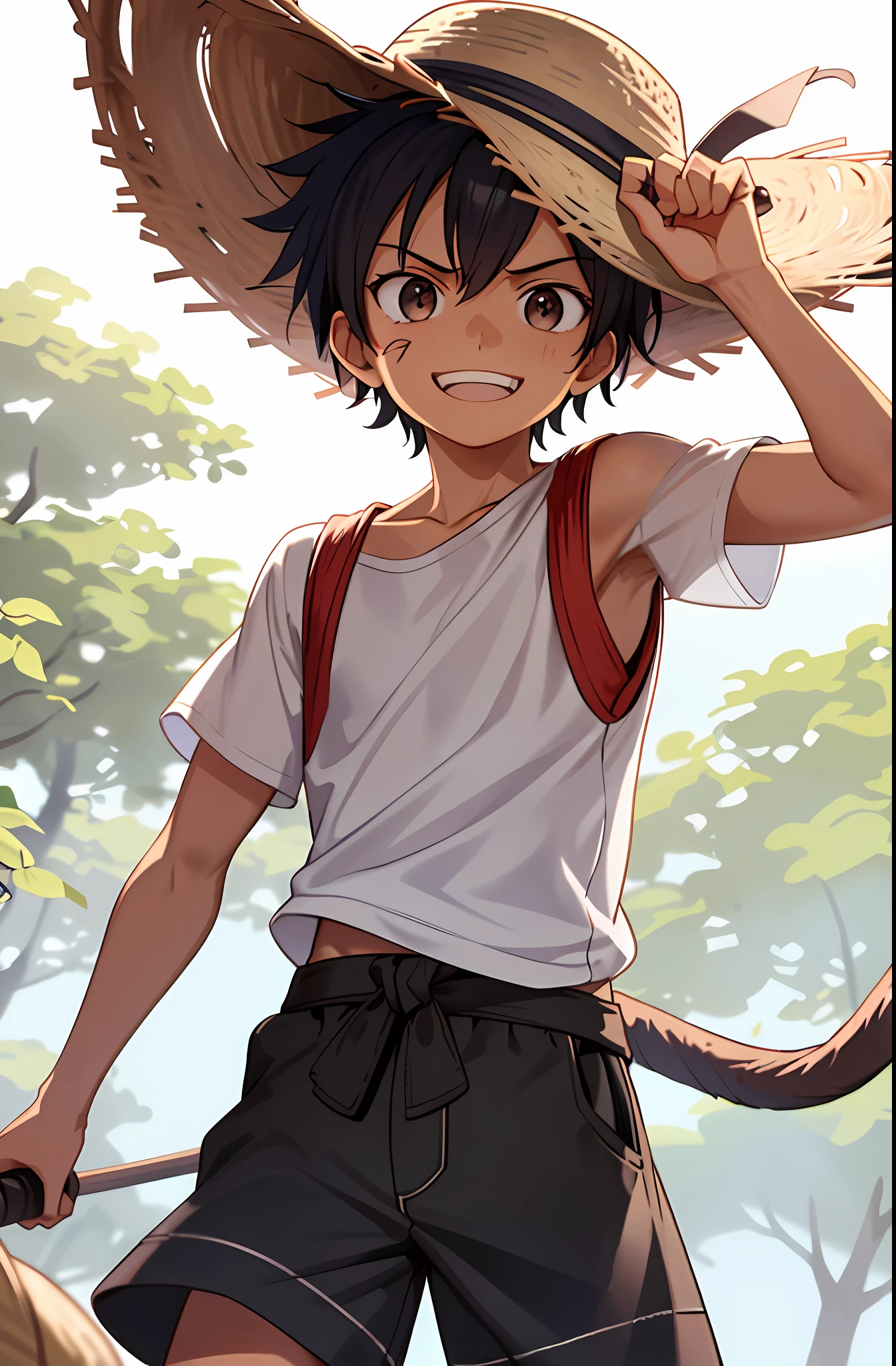 1boy, wanostyle, monkey d luffy, smiling, straw hat, looking at viewer, solo, upper body, ((masterpiece)), (best quality), (extremely detailed), depth of field, sketch, dark intense shadows, sharp focus, soft lighting, hdr, colorful, good composition, fire all around, spectacular, closed shirt, anime screencap, scar under eye, ready to fight, black eyes