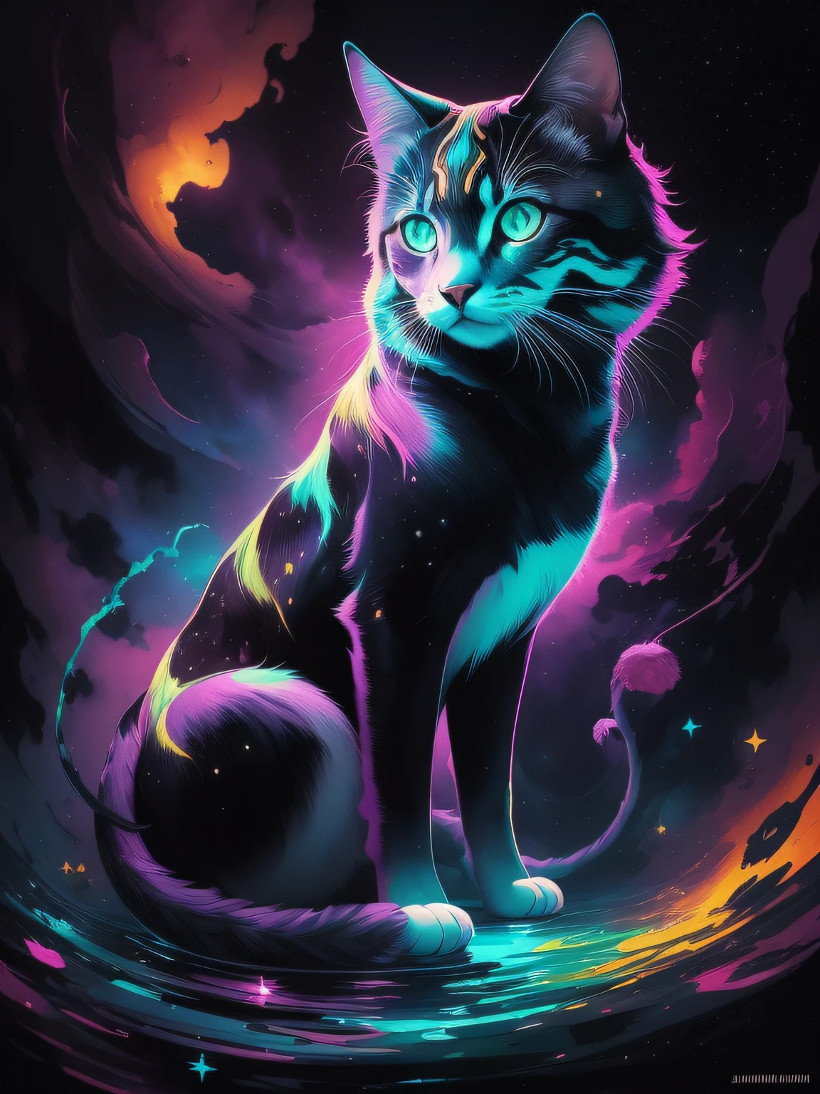 Style-Paint-1900, a beautiful dazzling cat completely covered in paint floating in a pool, beautiful lighting, up close, big eyes and beautiful and detailed, nirvana, relaxed, creepy, from above, full body, paint drops, paint swirls, paint splashes, (beautiful spiral paint swirls), by Jeremy Mann, by Sandra Chevrier, by Dave McKean and Richard Avedon and Maciej Kuciara, high detail, 8k, vivid contrasting colors, chromatic aberration, stars touch the sky with a background of aurora nebula paint stars by Style-NebMagic, vivid and bright colors, a vibrant digital illustration, black background, behance hd, Masterpiece, best quality (realistic: 1.2), (high contrast: 1.2),