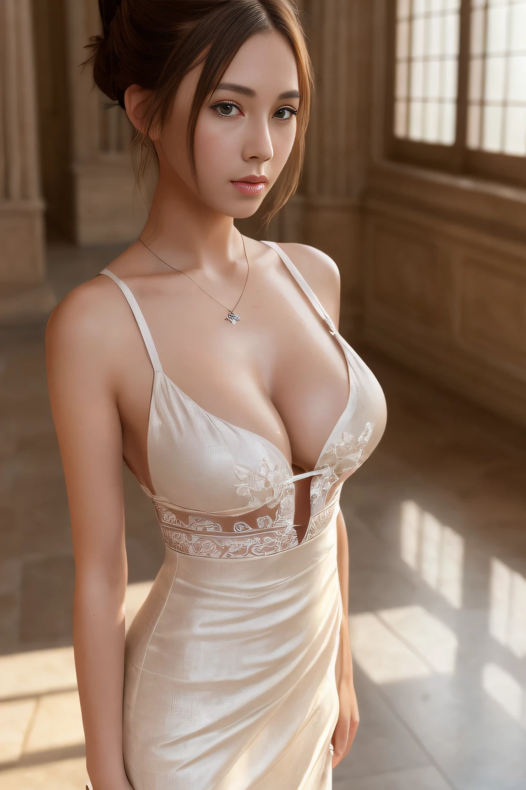 (extremely detailed CG unity 8k wallpaper), (masterpiece), (best quality), (ultra-detailed), (best illustration), (best shadow), (photorealistic:1.2),(PureErosFace_V1:0.5),(taiwanese cute girl),(taiwanese sexy lady),(taiwan gorgeous milf),real human skin, lens flare, shade, backlighting,(natural lighting),film grain,((1 girl)),ultra-high res,(detailed eyes:1.4),brown eyes, seductive smile,cute,(solo focus),(brown hair),((hime cut short hair with low tied back braided ponytail)),((white thin Summer Sunrise Embroidered Linen Maxi Dress)),((white Chinese Tang Costume amice)),((large breasts)),(cowboy shot),(full body selfie),(medium shot), blurred background,18 y.o,((solo)),(glossy skin),wearing diamond necklace,(looking at viewer),(look to the front),(night),((busty)),(no makeup),(wet),((sweaty))(squint:0.8),((show cleavage)),(Louvre Museum),Paris,((indoor the Louvre museum)),(pout:0.3),(happy512:0.5),(beautiful_mistake-8500:0.5),(close moth)