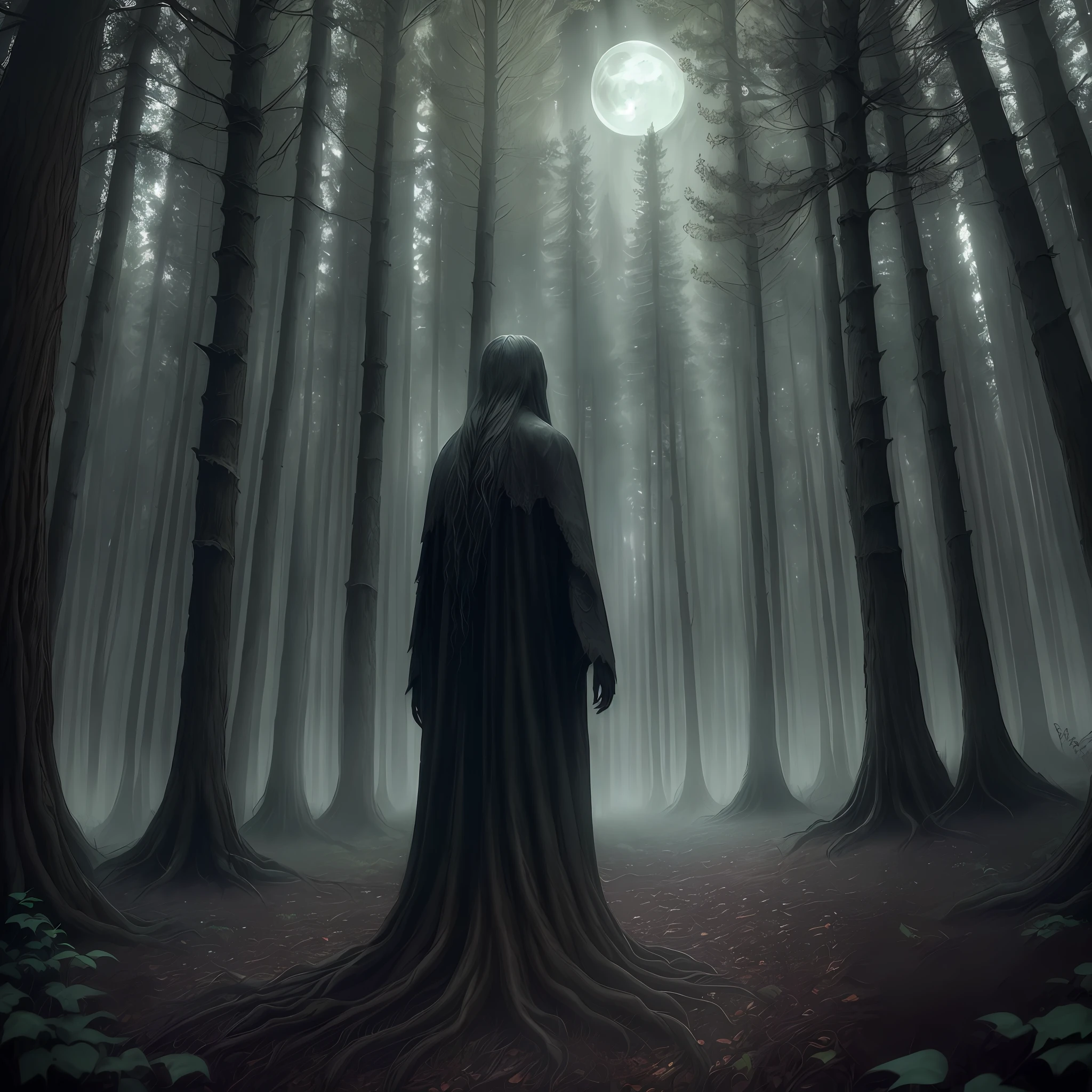 (forest, dark and detailed,(supernatural creatures hidden among the trees:1.3),waiting to attack the moonlight,high saturation,moonlight,ominous atmosphere)