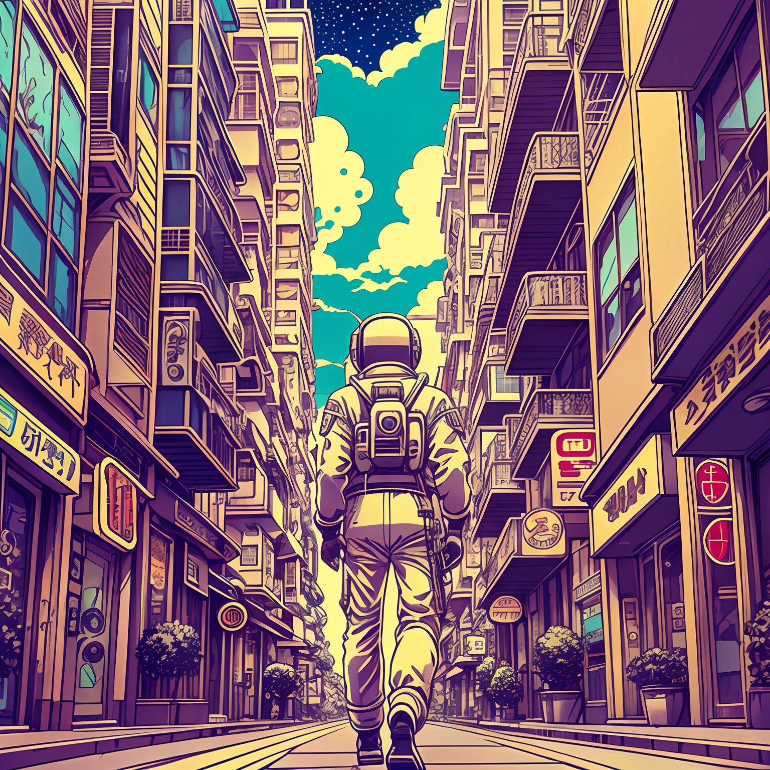 Vintage anime style from the 90s. a lone astronaut walking down the street; By Hajime Sorayama, Greg Tocchini, Virgil Finlay, Science Fiction. line art. environmental arcade art. --auto --s2