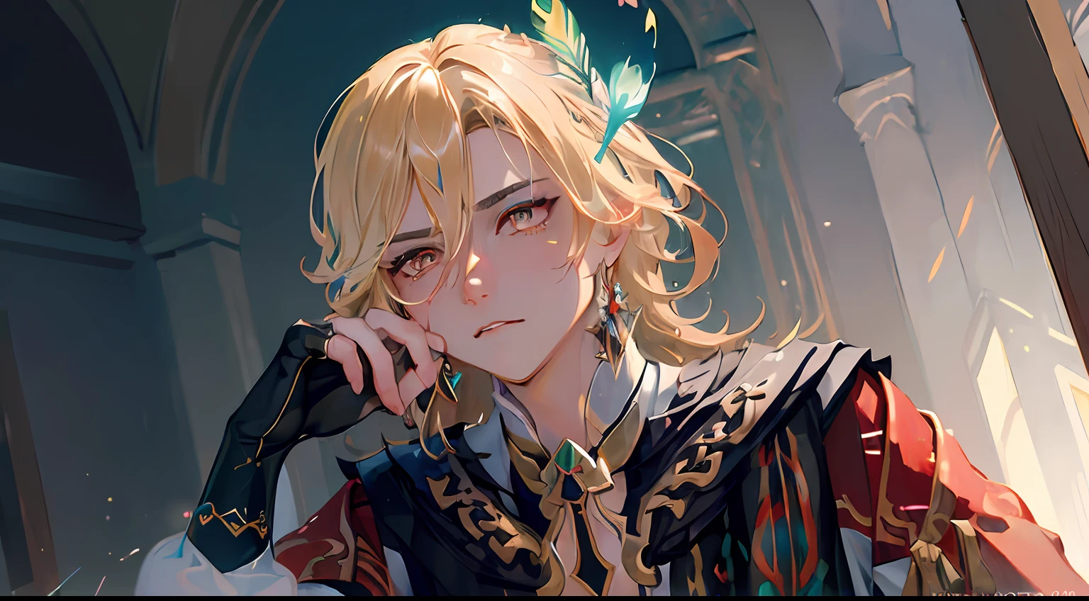 (Masterpiece:1.2), best quality, (illustration:1.2), (ultra-detailed),Eye focus,(Masterfully crafted Glow, pink lens flare), (Cinematic background), hyper details, (delicate detailed), (intricate details), octane render, hdr, (hyperdetailed:1.15), (((colourful))),(soft light:1.2), 1man, beautiful man, ultra detailed eyes, mature, rainbow painting drops, paint teardrops, man made up from paint, entirely paint, splat, splash, outdoors, (bioluminescent hair:1.1),(glowing eyes), ((makeup)),(Cinematic masterpiece), fierce, powerful, splashes of colour absolutely eye-catching, (Cinematic headlight), ((caustic)), dynamic angle, beautiful detailed glow, ambient occlusion, ambient light, raytraced reflections,(best illumination, an extremely delicate and beautiful), ((cinematic light)), (soft:2),(Isekai), portal into another world, chasing dreams, , (curious), (mysterious), (Exploring new world), (whimsical) , intricate background, kaveh, blond hair, red eyes