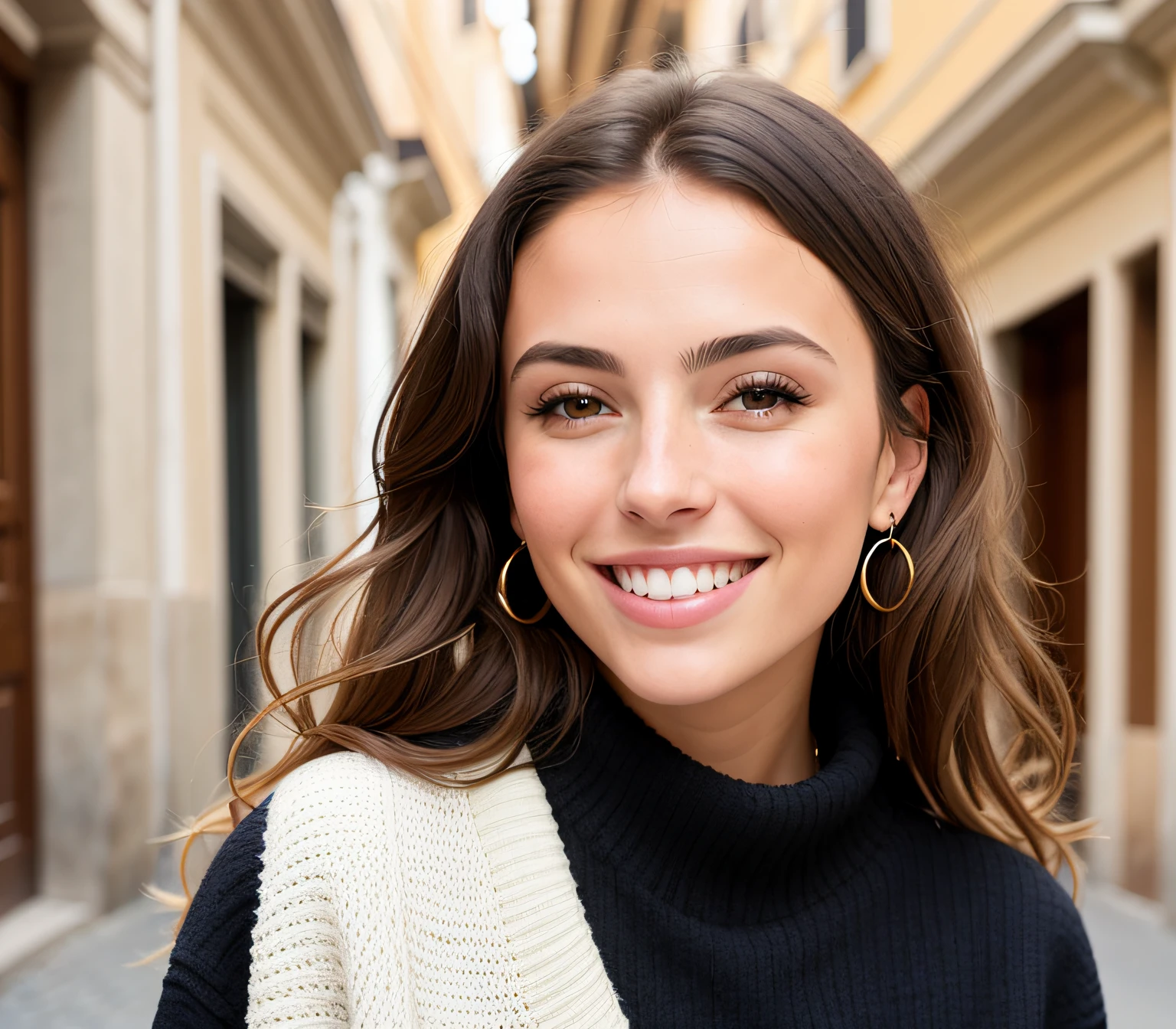 perfect portrait photo of ((Brazilian)) , best quality, she is wearing a black sweater, soft lighting, gorgeous, brunette woman, wide smile, Rome background