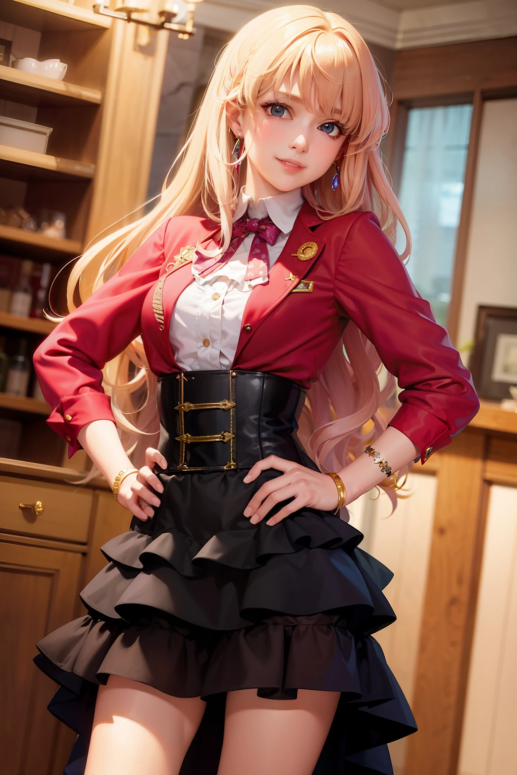 (masterpiece, best quality:1.2), cowboy shot, solo, 1girl, sheryl nome, smile, closed mouth, looking at viewer, hand on hip, dress