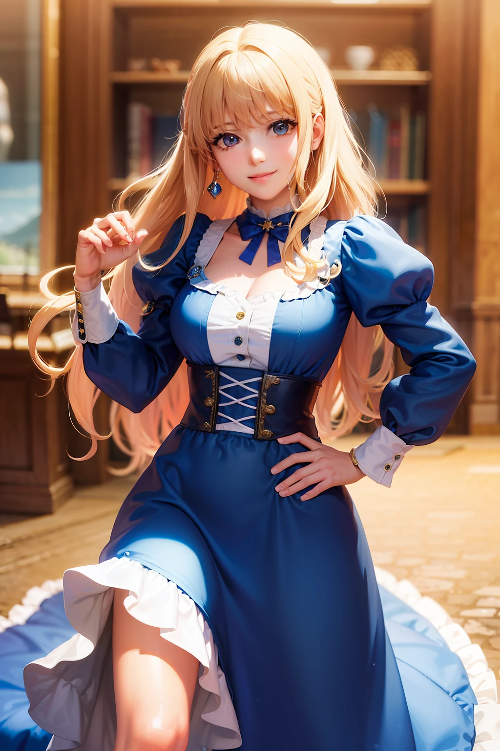 (masterpiece, best quality:1.2), cowboy shot, solo, 1girl, sheryl nome, smile, closed mouth, looking at viewer, hand on hip, dress