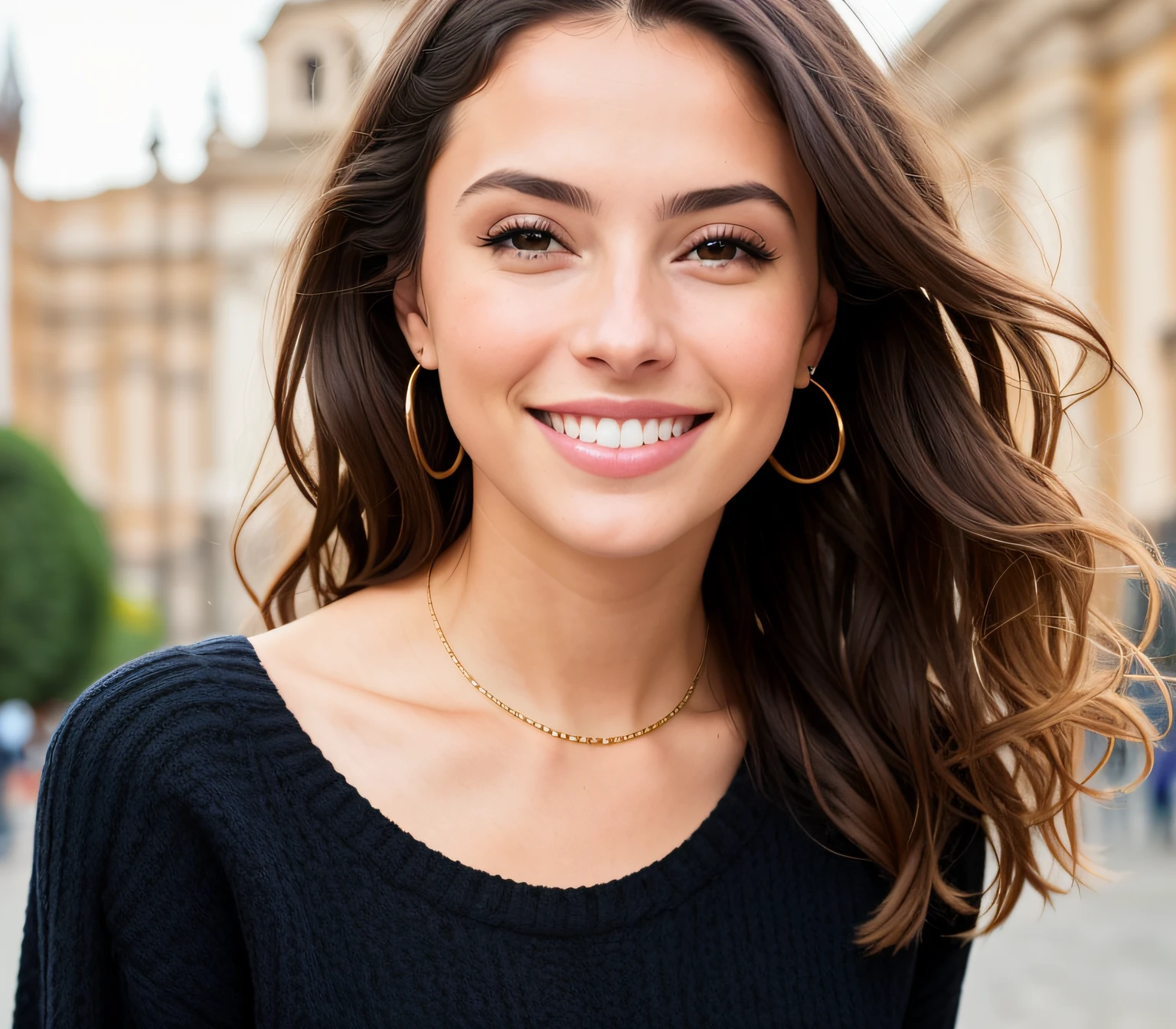 perfect portrait photo of ((Brazilian)) , best quality, she is wearing a black sweater, soft lighting, gorgeous, brunette woman, wide smile, Rome background