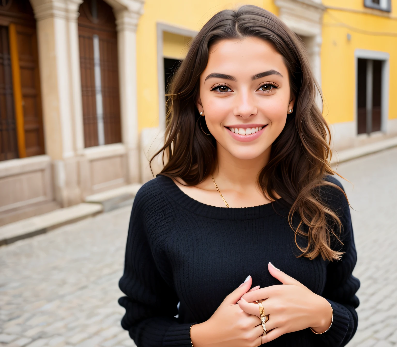 perfect portrait photo of ((Brazilian)) , best quality, she is wearing a black sweater, soft lighting, gorgeous, brunette woman, wide smile, Rome background