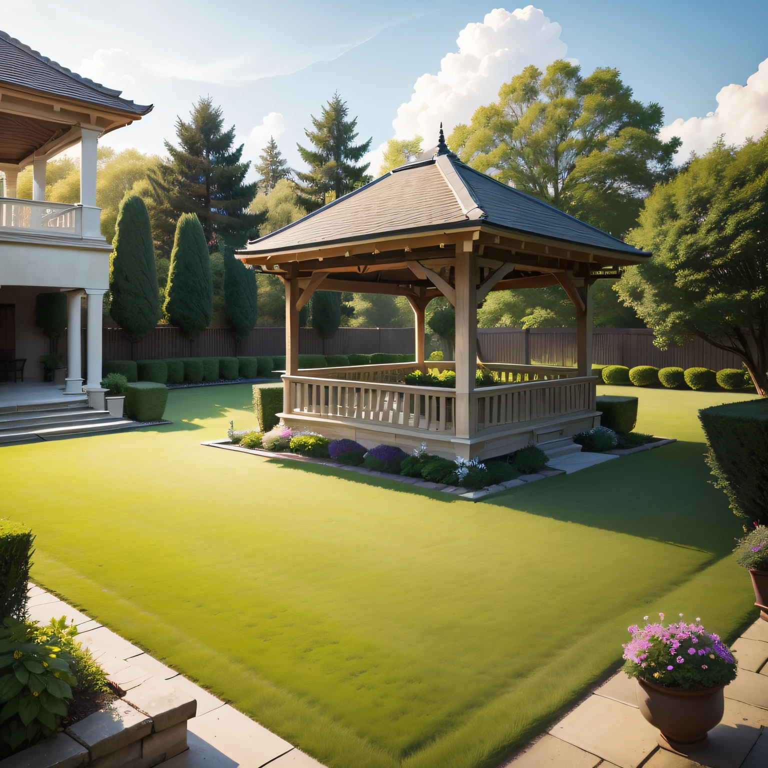 Add a fence to the hedge position, remove the small pavilion, and add some stint