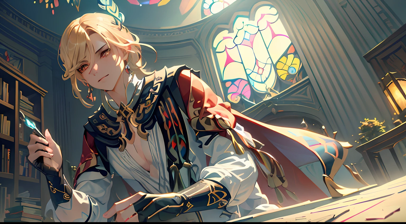(Masterpiece:1.2), best quality, (illustration:1.2), (ultra-detailed),Eye focus,(Masterfully crafted Glow, pink lens flare), (Cinematic background), hyper details, (delicate detailed), (intricate details), octane render, hdr, (hyperdetailed:1.15), (((colourful))),(soft light:1.2), 1man, beautiful man, ultra detailed eyes, mature, man made up from paint, entirely paint, indoors, (bioluminescent hair:1.1),(glowing eyes), ((makeup)),(Cinematic masterpiece), fierce, powerful, splashes of colour absolutely eye-catching, (Cinematic headlight), ((caustic)), dynamic angle, beautiful detailed glow, ambient occlusion, ambient light, raytraced reflections,(best illumination, an extremely delicate and beautiful), ((cinematic light)), (soft:2),(Isekai), portal into another world, chasing dreams, , (curious), (mysterious), (Exploring new world), (whimsical) , intricate background, kaveh, blond hair, red eyes, stained glass windows, library