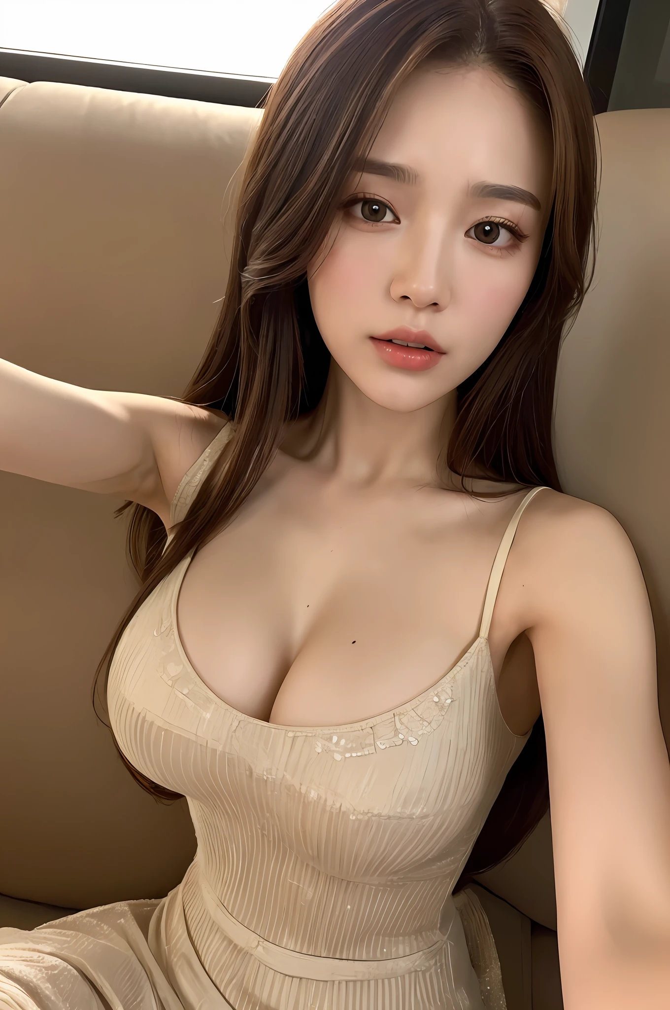 ((Cinematic light, Best quality, 8k, Masterpiece :1.3)), Selfie, 1girl, Pretty woman with slender abs :1.4, (Brown hair, large breasts :1.3), Oversized dress :1.2, Couch, Ultra-detailed face, Detailed eyes, Double eyelid