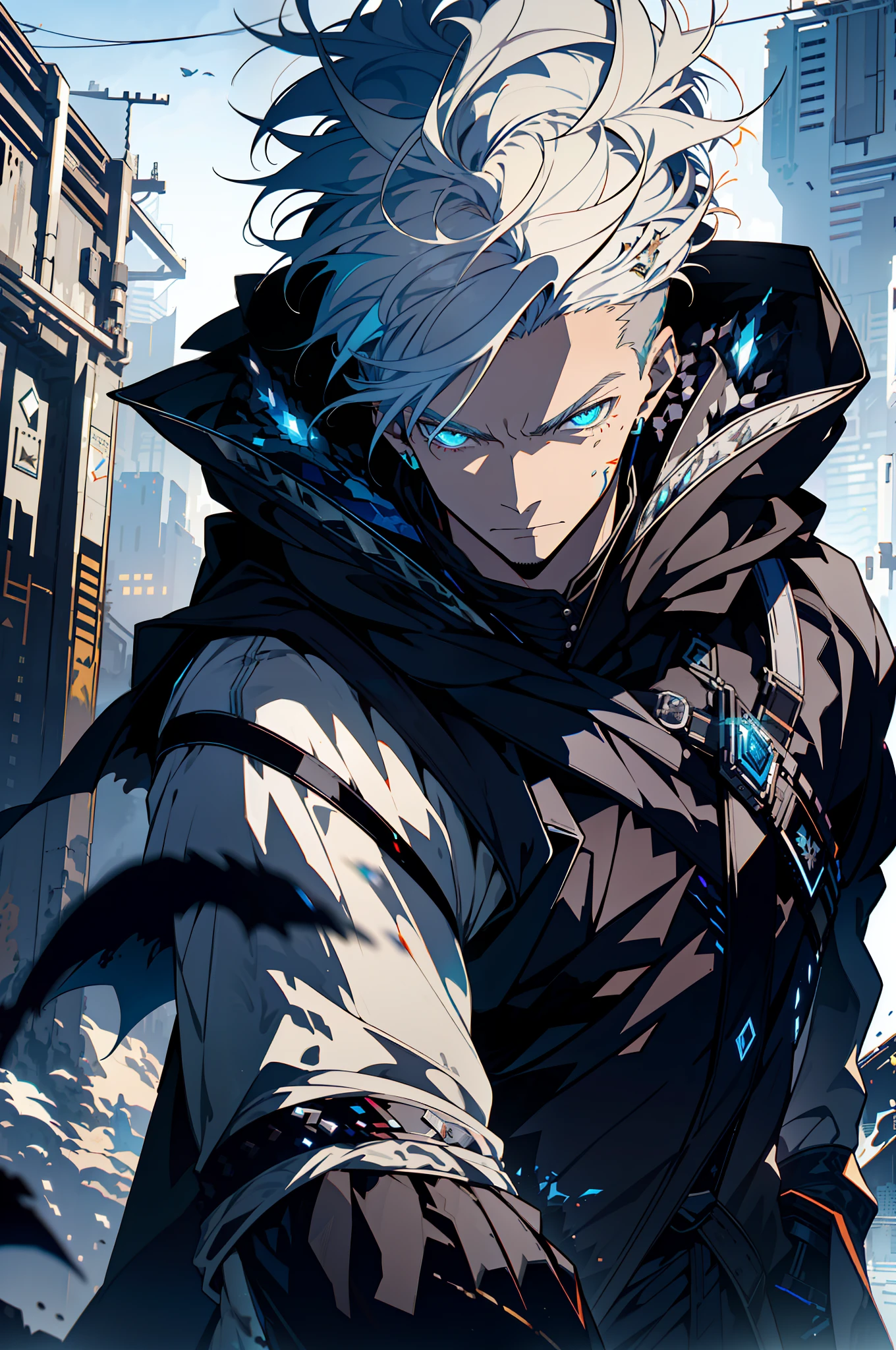 Cyberpunk male, fantasy world, dark background, clean design, epic instagram, artstation, colorful paint splatter, silhouette, hyper detailed intricate details, unreal engine, fantasy, intricate details, splash screen, complementary colors, Fantasy concept art, 8k resolution, deviantart masterpiece, oil painting, heavy strokes, paint dripping, (isolated on white background: 1.3), rainbow skin, (((handsome young man))), ((teenage:1.5) ), (glowing blue eyes), ((light eyes)), ((((short white hair: 1.1))), ((black clothes)), (prince\\(indifferent expression\\),, ( ((Wears high detail luxurious black robe))), white hair, frost magic, ((chest) --v 6