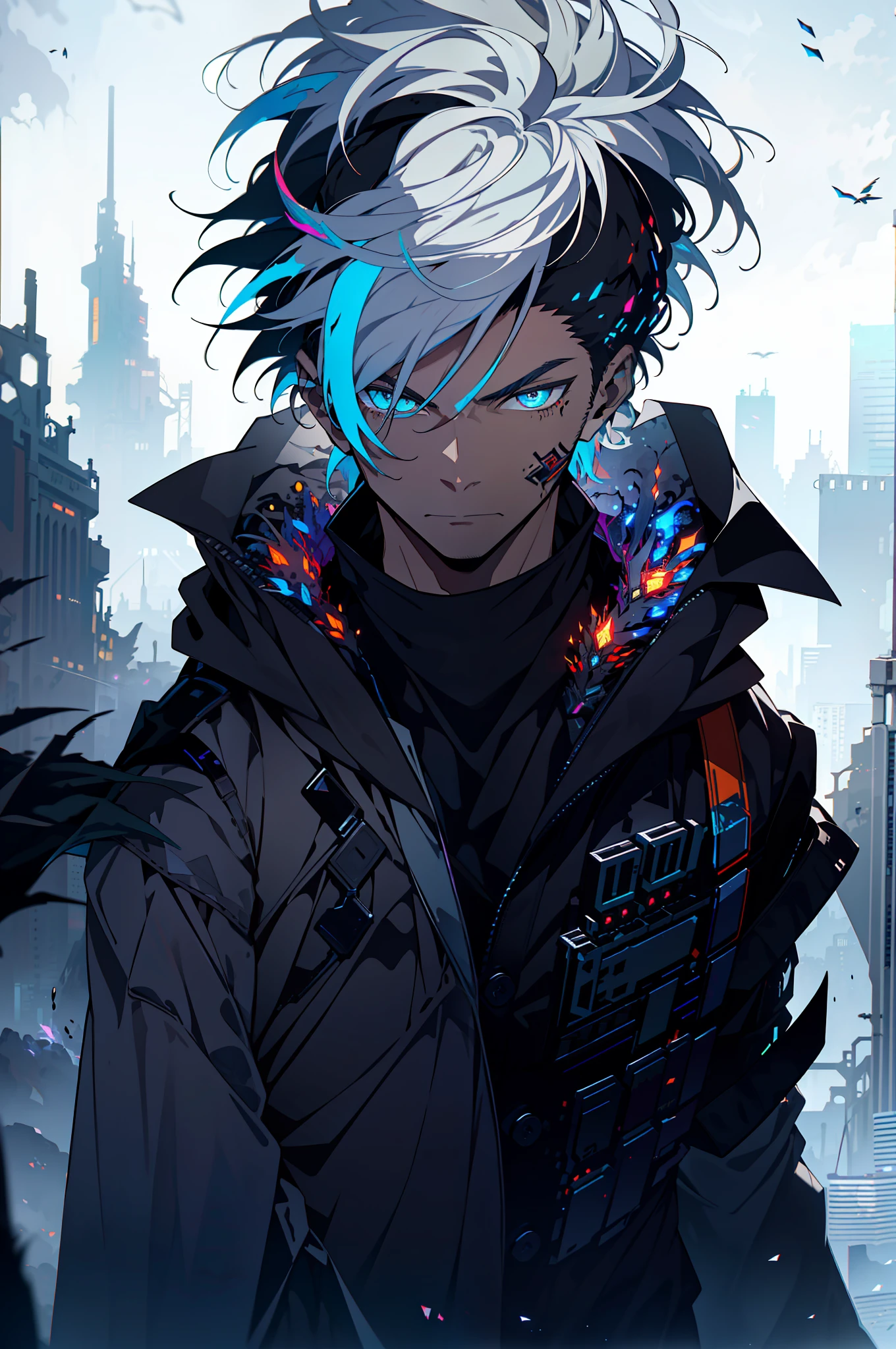 Cyberpunk male, fantasy world, dark background, clean design, epic instagram, artstation, colorful paint splatter, silhouette, hyper detailed intricate details, unreal engine, fantasy, intricate details, splash screen, complementary colors, Fantasy concept art, 8k resolution, deviantart masterpiece, oil painting, heavy strokes, paint dripping, (isolated on white background: 1.3), rainbow skin, (((handsome young man))), ((teenage:1.5) ), (glowing blue eyes), ((light eyes)), ((((short white hair: 1.1))), ((black clothes)), (prince\\(indifferent expression\\),, ( ((Wears high detail luxurious black robe))), white hair, frost magic, ((chest) --v 6