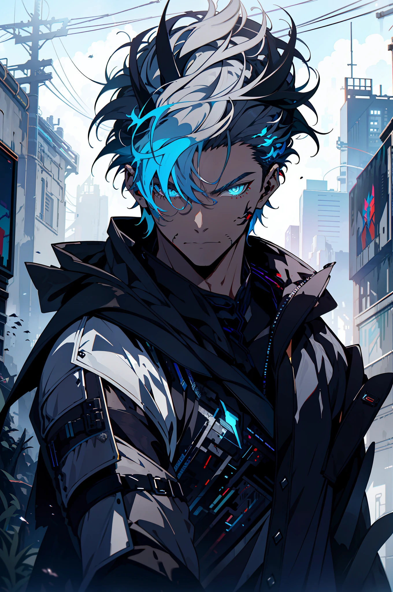 Cyberpunk male, fantasy world, dark background, clean design, epic instagram, artstation, colorful paint splatter, silhouette, hyper detailed intricate details, unreal engine, fantasy, intricate details, splash screen, complementary colors, Fantasy concept art, 8k resolution, deviantart masterpiece, oil painting, heavy strokes, paint dripping, (isolated on white background: 1.3), rainbow skin, (((handsome young man))), ((teenage:1.5) ), (glowing blue eyes), ((light eyes)), ((((short white hair: 1.1))), ((black clothes)), (prince\\(indifferent expression\\),, ( ((Wears high detail luxurious black robe))), white hair, frost magic, ((chest) --v 6
