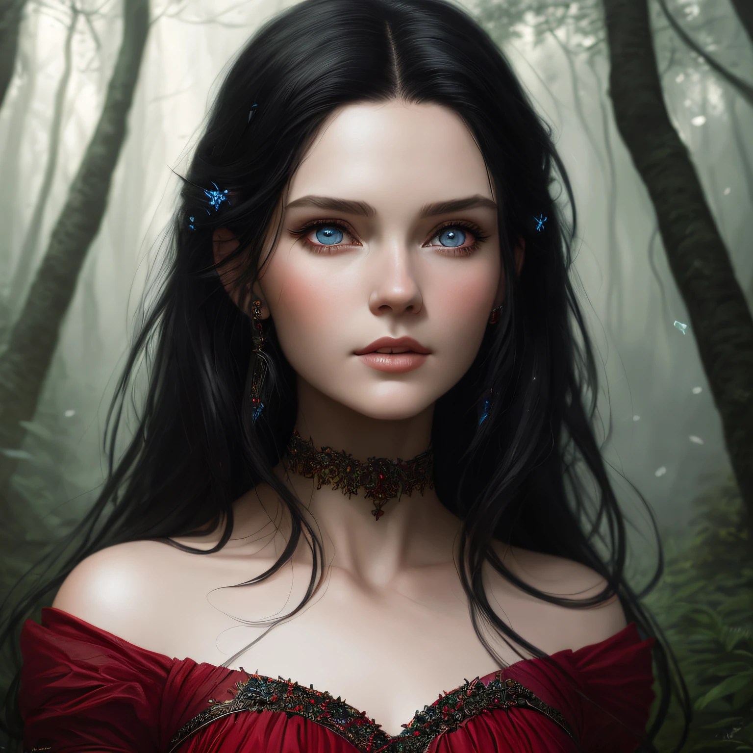 detailed beautiful young woman wearing red princess dress, black hair, medium, straight and messy hair, detaiiled perfect blue eyes, grace kelly, delicate symmetric realistic and beautiful face, (magic forest backgroung), fairy, wild flowers blending into hair, full body, masterpiece, absurdres,fine detail, rich colors, dramatic lighting, extremely detailed, cinematic lighting, hyperdetailed painting, luminism, Bar lighting, complex, 4k resolution concept art portrait by Greg Rutkowski, Artgerm, WLOP, little fusion pojatti realistic goth: a stunning realistic photograph 30 years