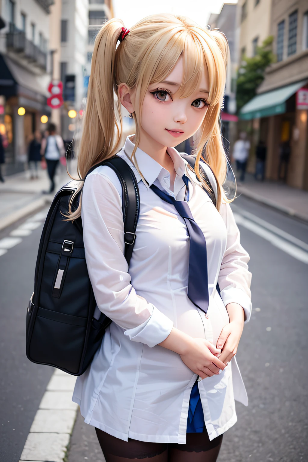 akizuki airi. oni chichi, masterpiece, best quality, super detailed, illustration, flat color, depth of field,
1 girl, young, anime, standing, on the street of the city, full-length, turned sideways, blonde, twintails, looking at the viewer, red pleated miniskirt, wet white button-down shirt, school uniform, serafuku, blue tie, no bra, black tights, small backpack, detailed skin texture, detailed fabric texture, beautiful detailed face, big breasts, blue eyes, pregnant, smile