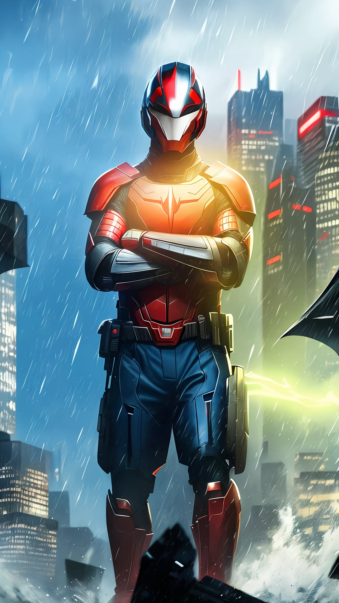 A red tech helmet with blue eyes, a red and black suit with a bat relief design on the chest, roof of a building at night, gotham city raining,