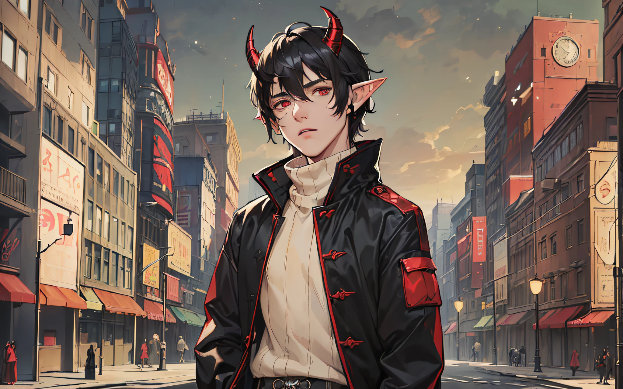 ((highest quality, masterpiece, 4k, finely detailed, detailed eyes, detailed face, intricate details, gelbooru, pixiv)), warm lighting, idol, ((solo)), 1 male, (handsome, masculine, adult man, broad shoulders, tall guy, thin body), ((black hair, messy hair, short hair, messy bangs)), light skin, sharp features, (elf ears), ((baggy clothes, oversized clothes)), ((demon horns color fading from black to red)), ((sharp eyes, red eye color, tired expression, looking at viewer)), ((very dynamic standing pose)), city background, night sky, moon night, ((beige colored turtleneck sweater, loose pants, oversized parka, western modern clothing))