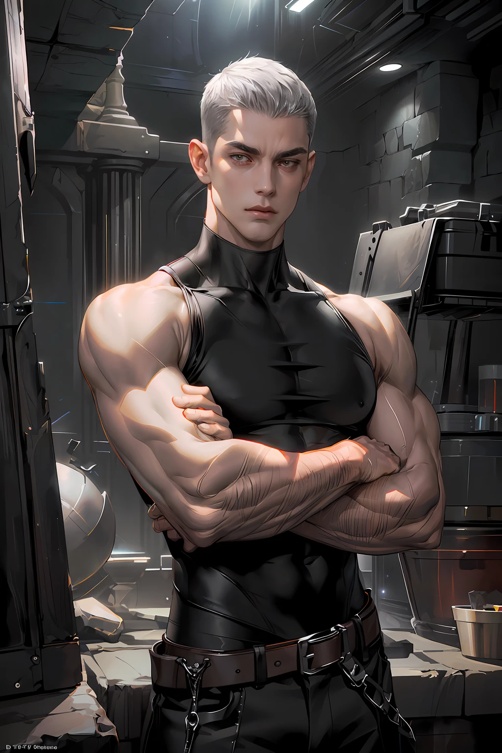masterpiece, 1male, handsome, tall muscular face, ((POV)), adult, male, murderous, standing still, ((solo)), (forehead), (buzzcut + topcut), short bangs, hair between eyes, voluminous short hair, silver hair, handsome, serious, silver eyes, ((sleeveless black blouse)), wide trapeze, bare shoulder, square chin, ((black cover with broxe)), (muscular), (muscular arm:1.3), dark fantasy, syberpunk, sci-fi ((ultra detailed face, cinematic, ultra detailed, concept art, illustration 4d, 16k)), dynamic lighting, ultra quality, 4K, realistic models.