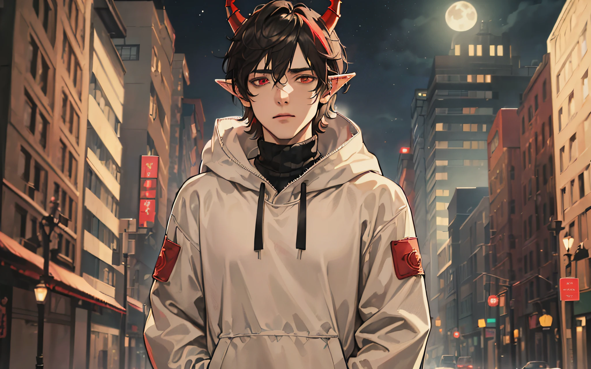 ((highest quality, masterpiece, 4k, finely detailed, detailed eyes, detailed face, intricate details, gelbooru, pixiv)), warm lighting, idol, ((solo)), 1 male, (handsome, masculine, adult man, broad shoulders, tall guy, thin body), ((black hair, messy hair, short hair, messy bangs)), light skin, sharp features, (elf ears), ((baggy clothes, oversized clothes)), ((demon horns color fading from black to red)), ((sharp eyes, red eye color, tired expression, looking at viewer)), ((very dynamic standing pose)), city background, night sky, moon night, ((beige colored turtleneck sweater, loose pants, oversized fluffy parka, western modern clothing))
