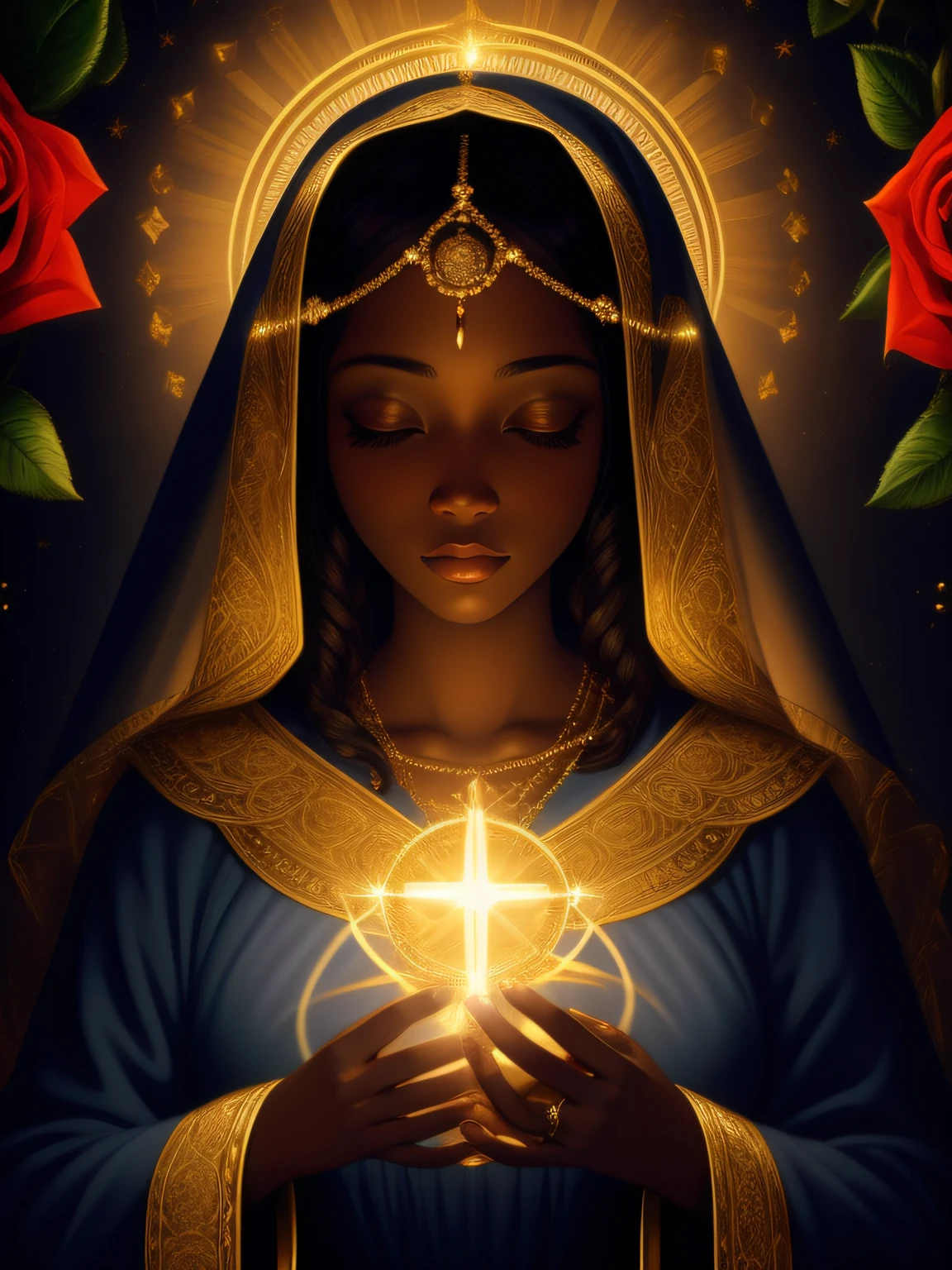 highly detailed portrait of the Virgin Mary, black woman, with roses in the heart, (Mother of Jesus Christ) halo of light, gold, unreal engine, art of mark ryden, perfect hands, count norem, global illumination, divine rays, detailed and intricate environment, navy blue mantle, roses in place of hands