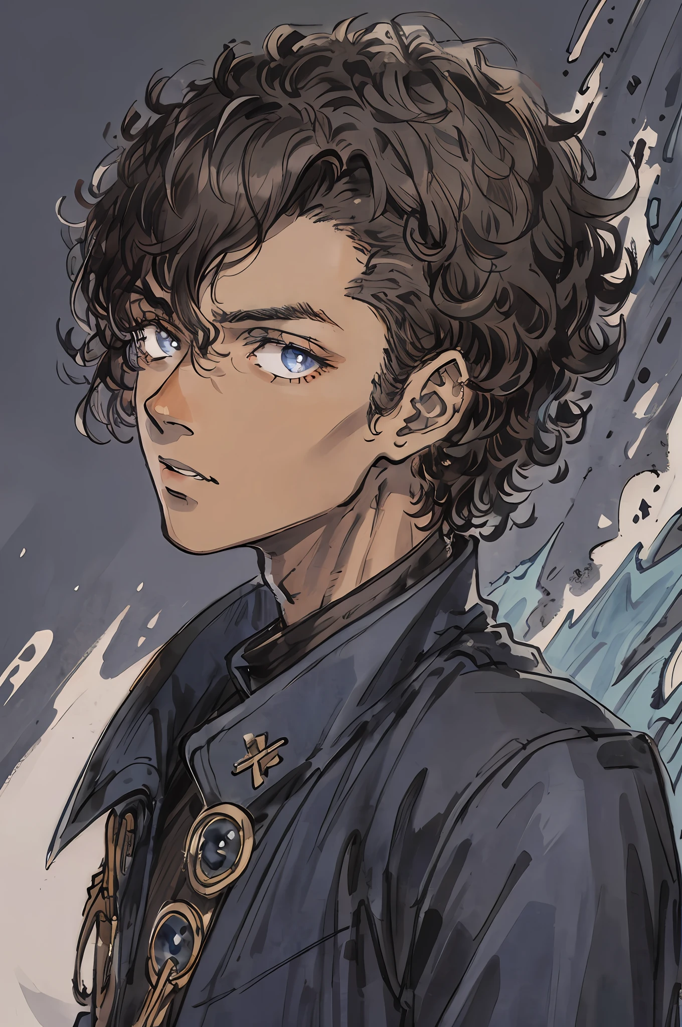 1boy, dark skin, short curly hair, shaved side, coat, dark brown eye, detailed eye, masterpiece, blue background