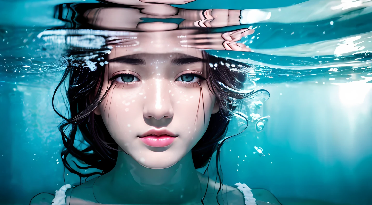 Symmetrical, High Detail RAW Color Photo Professional Close-Up Photo, [:( High Detail Face: 1.2): 0.1], (PureErosFace_V1:0.8), Half body, Pores, Real Human Skin, , Straight Up, Portrait of an 18-Year-Old Woman Bathing Underwater, Body in Contact with Water and Ripples Around, Clear Clean Water, Shining Eyes, Looking at the Viewer, Wet Clothes, Lace , Wet Body, Wet Hair, Tyndall Effect, Lens Glow, Shadow, Bloom, Natural Daylighting, Hard Focus, Film grain, shot with Sony A9 II mirrorless camera, Lawrence de Meisen,, long hair