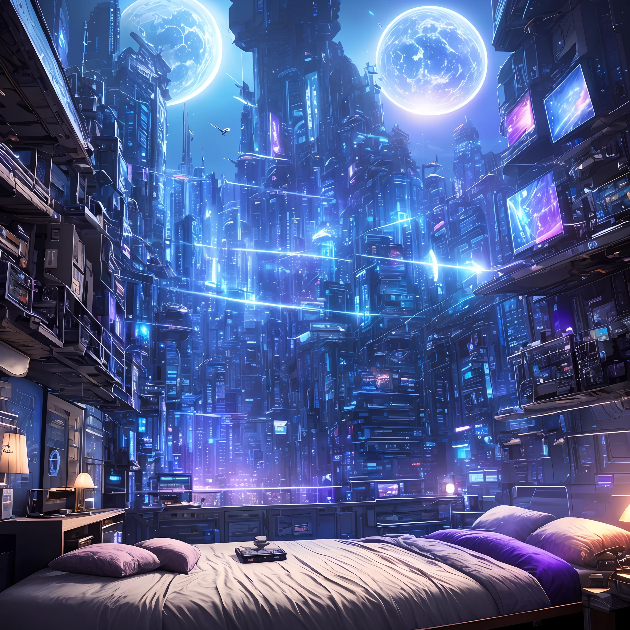 masterpiece best quality high quality CG unit 8k very detailed ,bedroom, bed, floating camera, technology, futuristic world, live stream, game, bedside shelf, night, blue and purple light, cyber, sci-fi, through imagination,