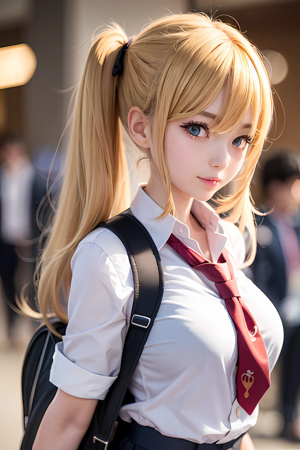 akizuki airi. oni chichi, masterpiece, best quality, super detailed, illustration, flat color, depth of field, 

1 girl, young, anime, standing, market, full-length, turned back, blonde, twintails, looking over her shoulder, red pleated miniskirt, wet white button-down shirt, school uniform, serafuku, blue tie, no bra, black tights, small backpack, detailed skin texture, detailed fabric texture, beautiful detailed face, big breasts, blue eyes, pregnant, smile, red lipstick
