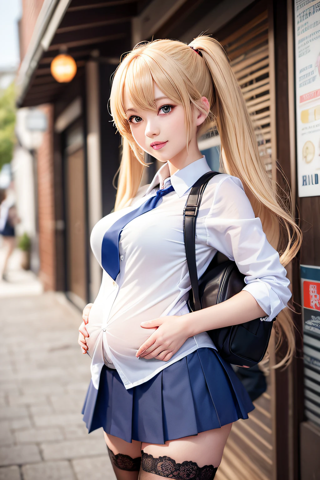 akizuki airi. oni chichi, masterpiece, best quality, super detailed, illustration, flat color, depth of field,
1 girl, young, anime, standing, market, full-length, turned back, blonde, twintails, looking over her shoulder, red pleated miniskirt, wet white button-down shirt, school uniform, serafuku, blue tie, no bra, black tights, small backpack, detailed skin texture, detailed fabric texture, beautiful detailed face, big breasts, blue eyes, pregnant, smile, red lipstick