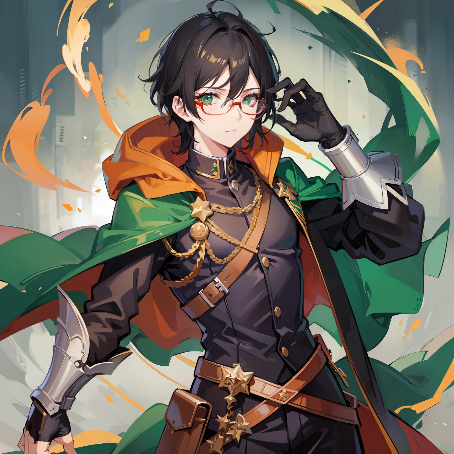 16K anime man with glasses, black hair with green locks, green eyes, red sword, black cape with orange details, military suit,:0.8] anime style