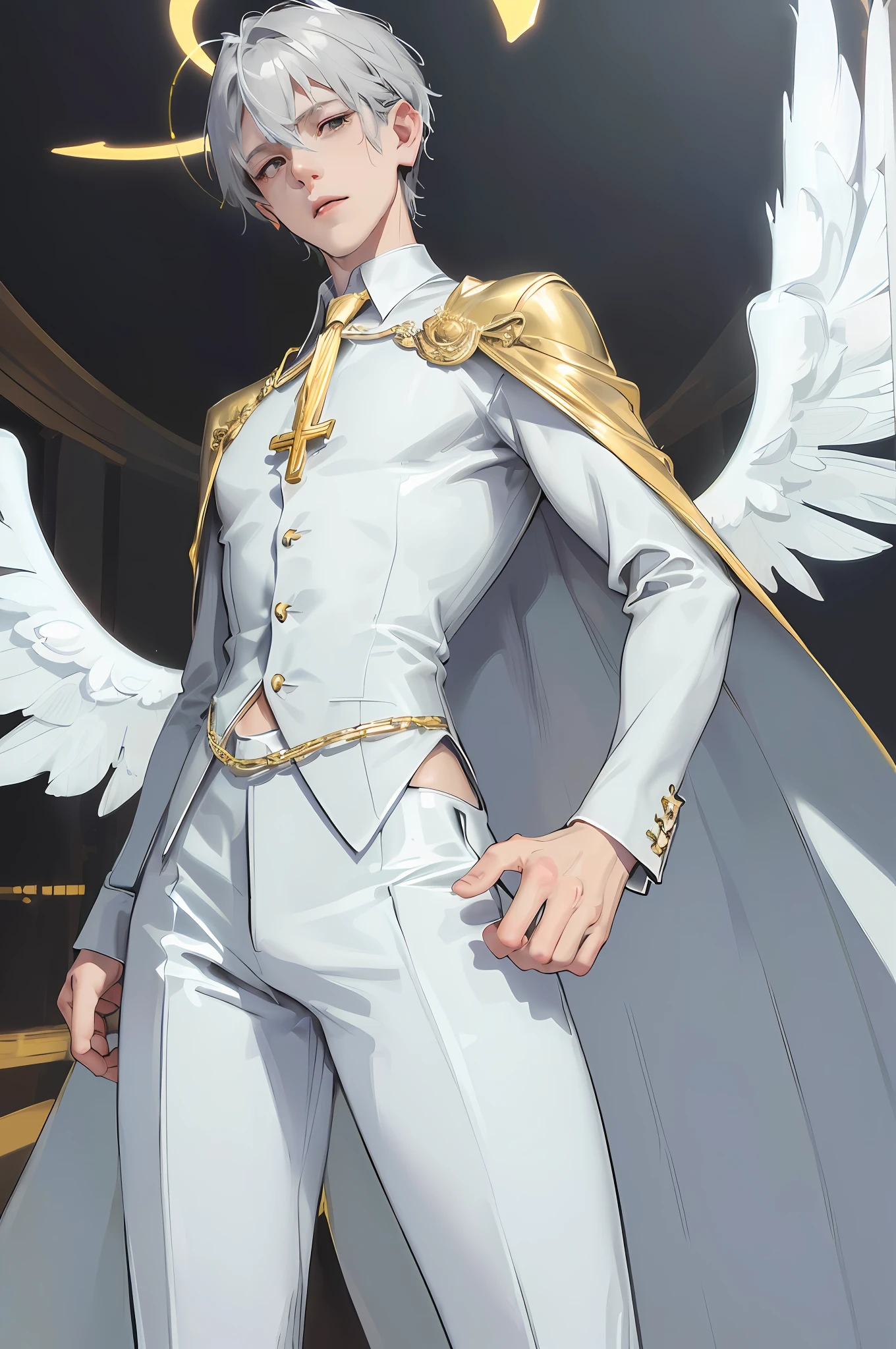 Realistic artwork, male 1, gray hair, short hair, white skin, cross around his neck, wearing a suit and tie, gold ring on index finger, angel wings head on ears, golden cape, elegant black boots, halo surrounding, short hair