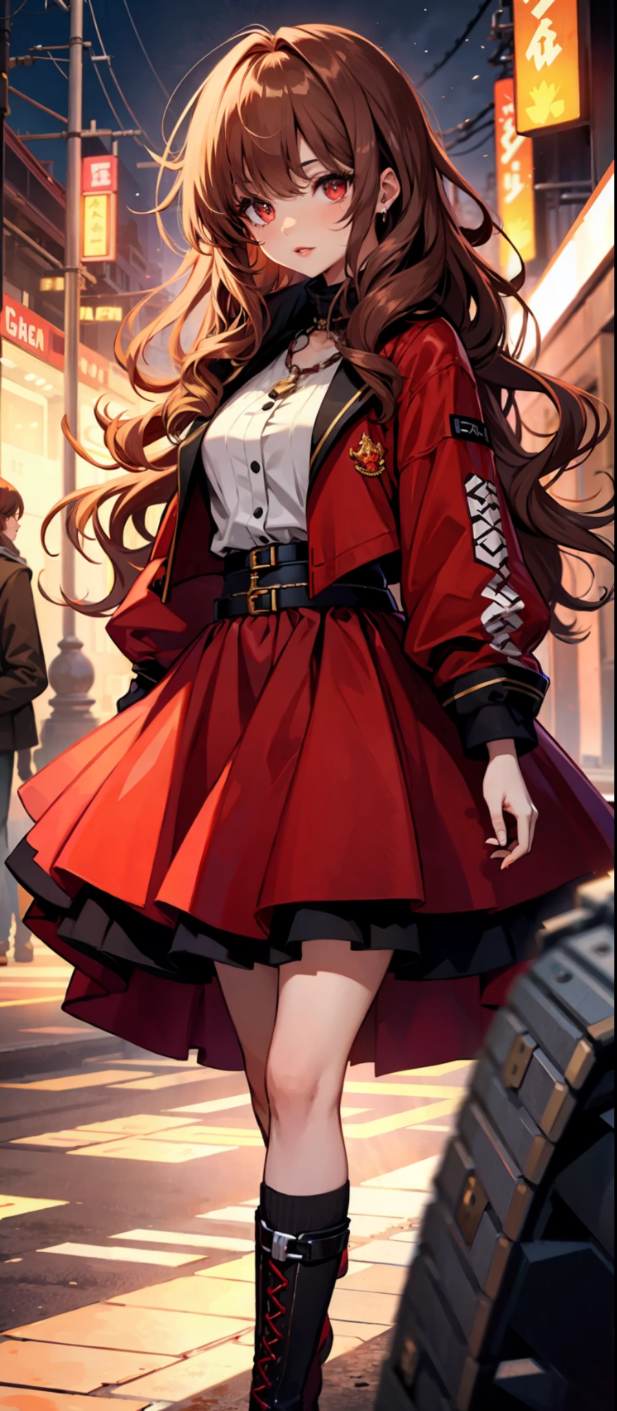 Girl, long curly hair, brown curls, low-cut outfits, skirts, hip skirts, red lips, ruby eyes, flames 🔥, chains, stones,