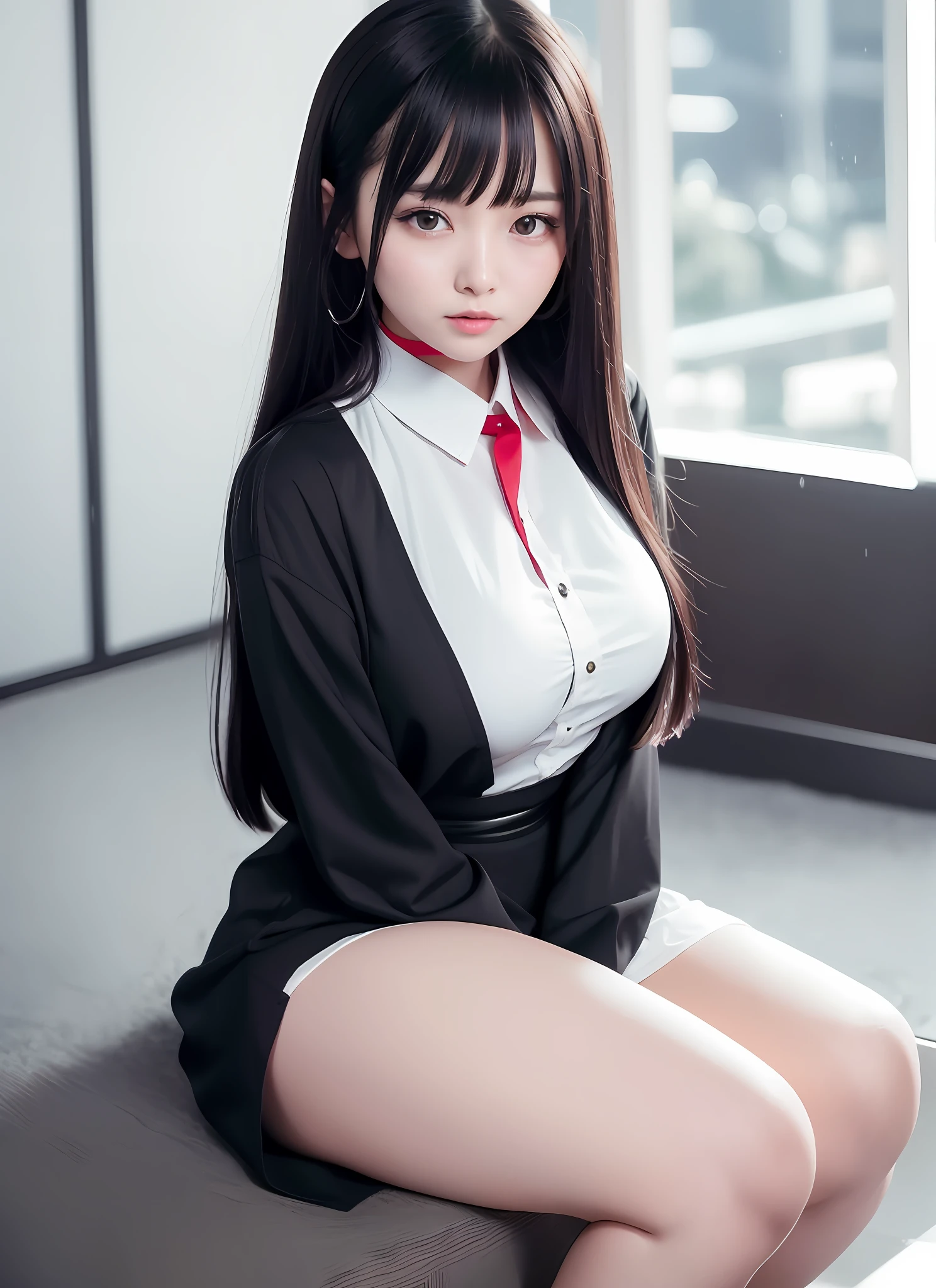 ((Li Yitong)), 8K, Best Picture Quality, Masterpiece, 1.2x Weighting), 10,000 cute, independent, beautiful girls, super details, sky and café details, night dates, sitting (red nose), big breasts, cleavage, shy, Sweet smile (smile 1.15), deep beautiful eyes, big eyes, (1.1x weighted collar shirt), short black dress, white stockings, white shirt, professional skirt, long flowing hair, NovaFrog style, half nude, cat, rain, bangs, high school student, gray background, well-behaved, pure desire, name tag on chest, enjoyment, white underwear