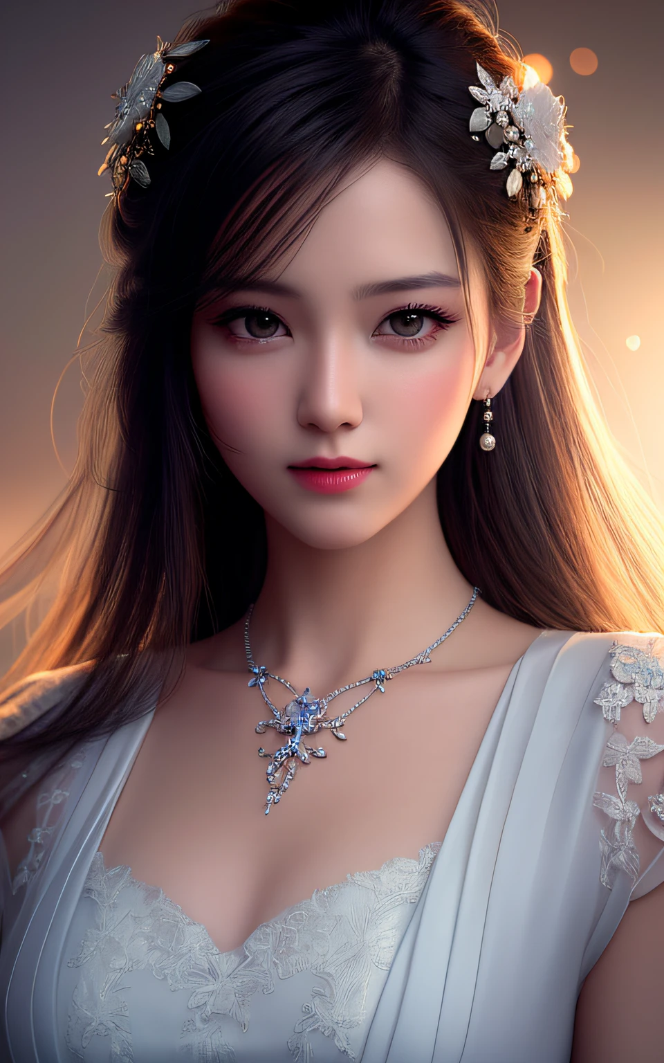 Top quality, masterpiece, high resolution, girl single, porcelain dress, hair accessories, necklace, jewelry, beautiful face, physical, tyndall effect, realistic, dark studio, rim lighting, duotone lighting, (high detail skin: 1.2), 8k uhd, DSLR, soft light, high quality, volumetric light, sneak shot, photo, high resolution, 4K, 8K, Bokeh, Japan people,
