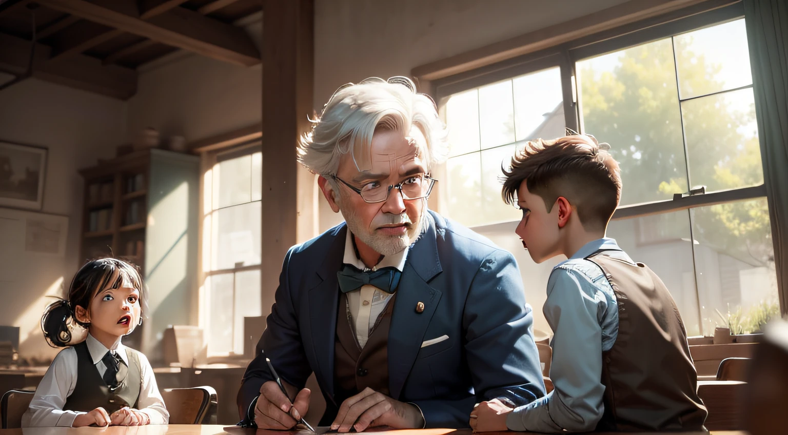 An aggressive argument between the boy Thomas Edison (child, ) and his old teacher (man, 65 years old). The professor is standing, gesturing oppressively, while Edison is sitting and scared. The site is an old classroom in the year 1854. Masterpiece, ultra-realistic image, high quality, 8k, high resolution, high detail, cinematic shading, vivid colors, soft luminosity, Greg Rutkowski style.