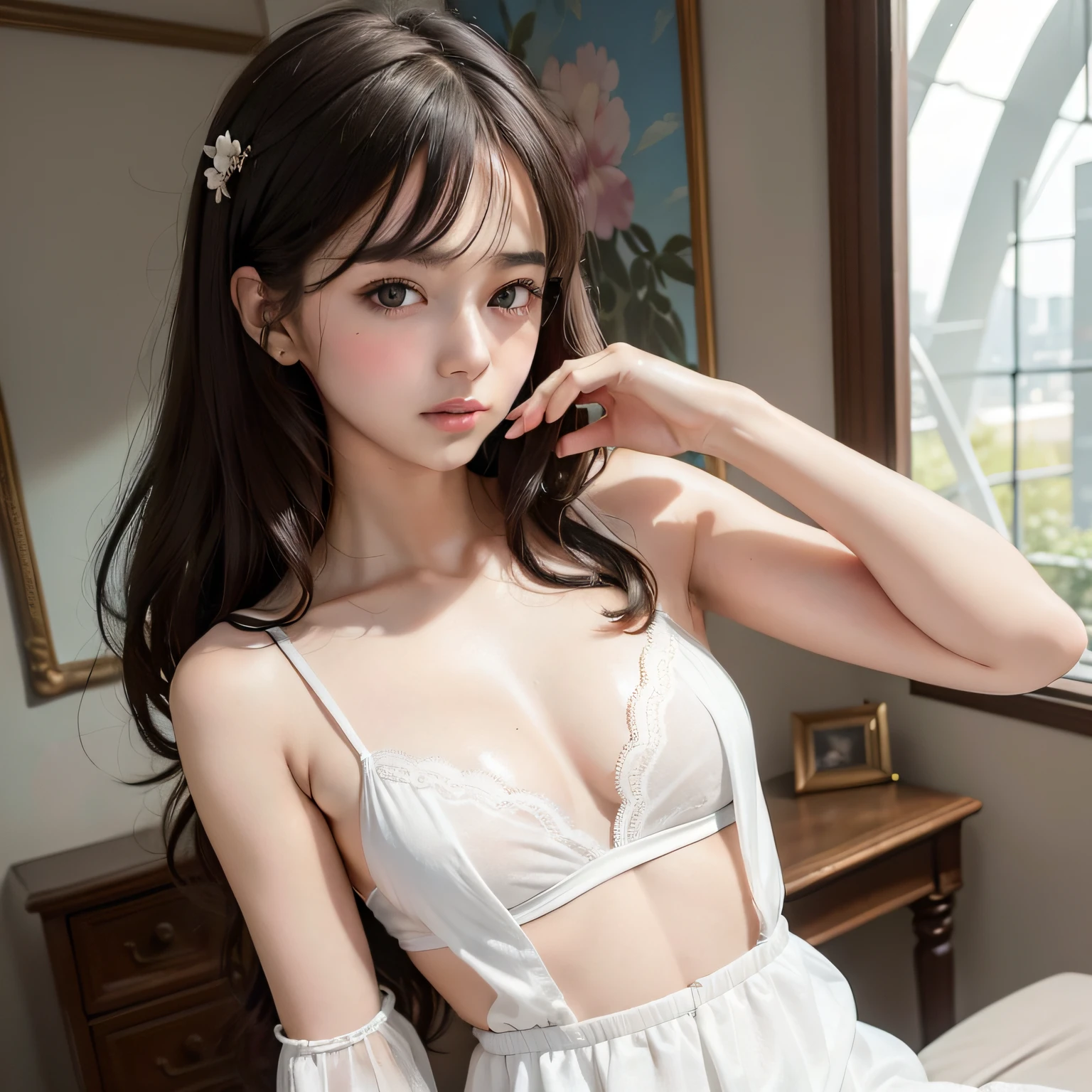 Very pretty girl with yogurt smeared around mouth, lace camisole dress, no underwear, solo, long hair, dark hair, seductive eyes, soft lips, hands smeared with yogurt, shining eyes, fine skin, symmetrical, small , puffy, hes smeared with yogurt,(shiny skin),(masterpiece:1.4),(best quality:1.4), Cinematic lighting,