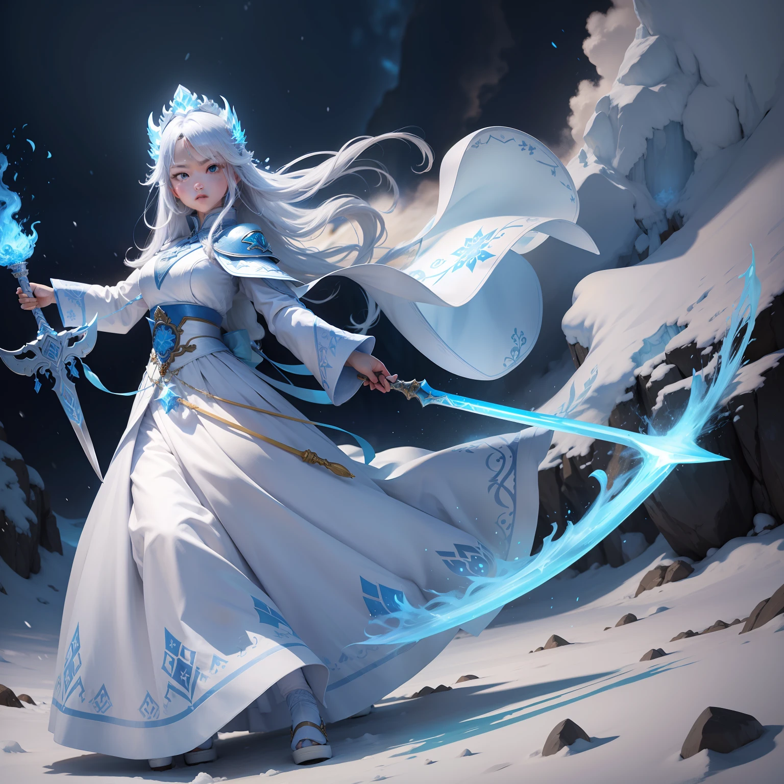 Drawing the sword of the snow mountain, the sword with the ancient style of the ice flame enduring, holding the blue flame burning sword, white clothes dancing in the snow